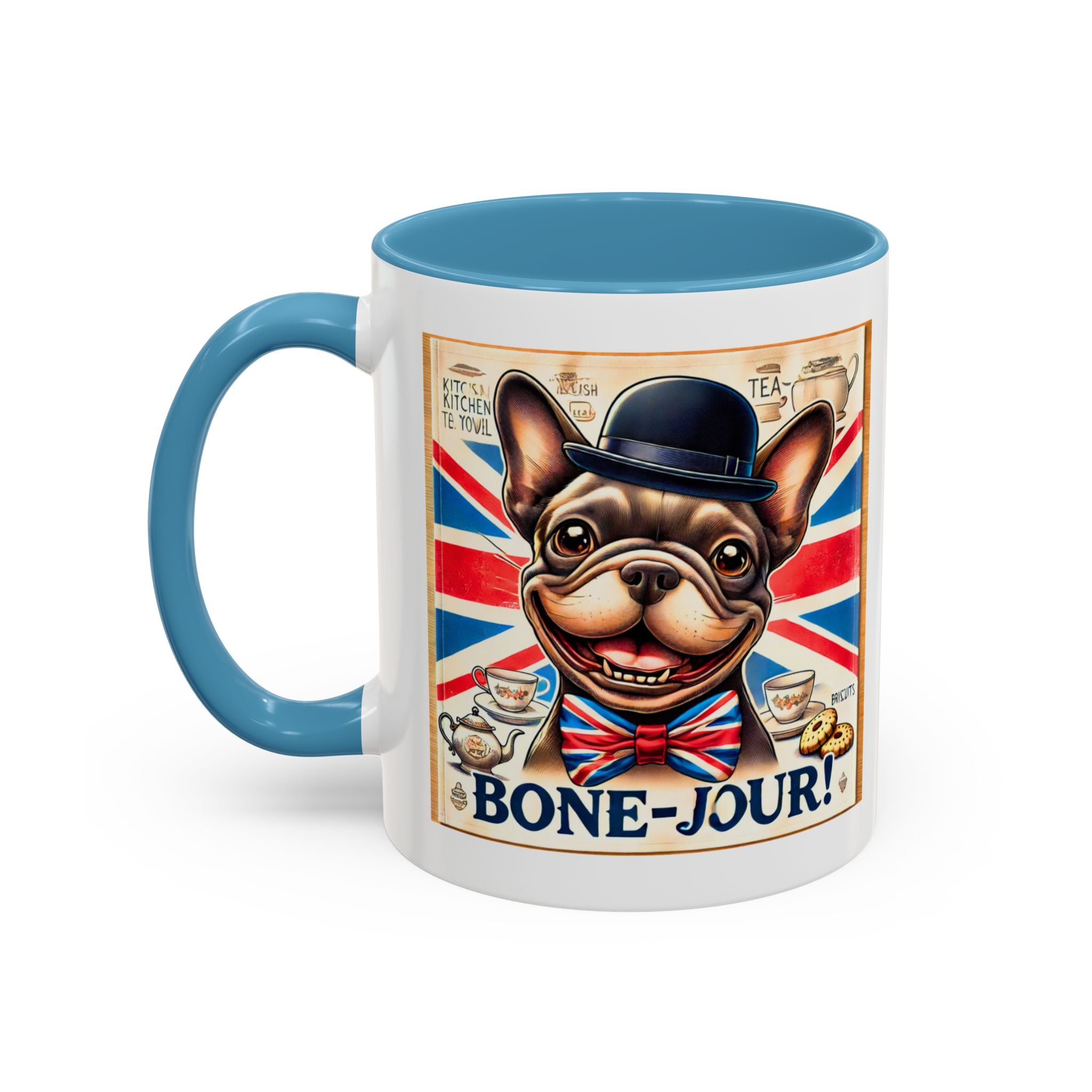 Bone-Jour Frenchie Mug | Funny Dog Lover Accent Coffee Cup | Cute French Bulldog Gift | Whimsical Patriotic Tea Mug | British Kitchen Decor