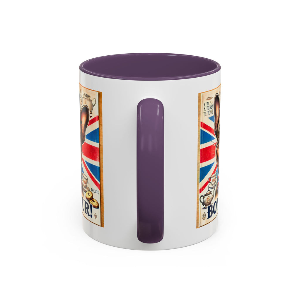 Bone-Jour Frenchie Mug | Funny Dog Lover Accent Coffee Cup | Cute French Bulldog Gift | Whimsical Patriotic Tea Mug | British Kitchen Decor