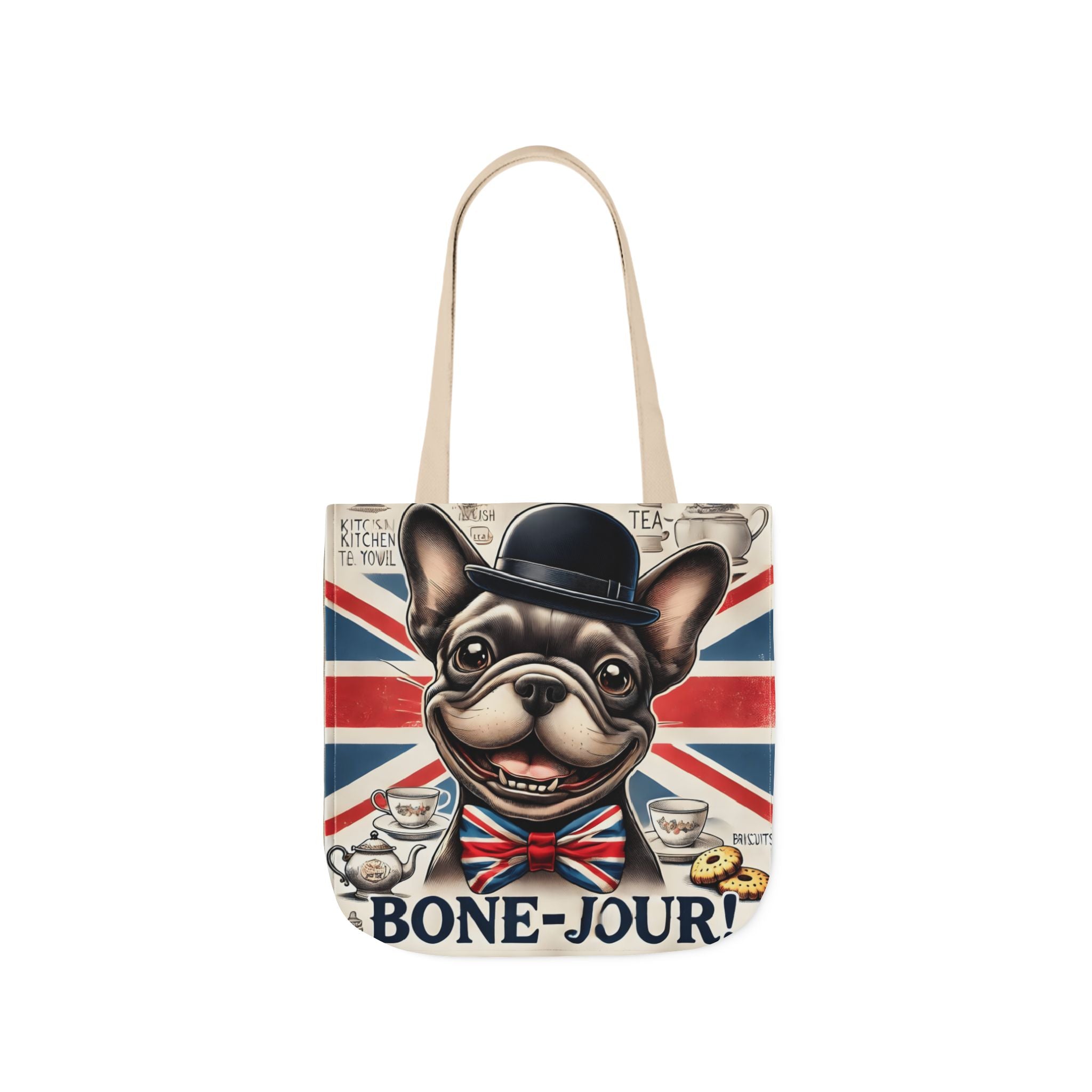 Bone-Jour Tote Bag | Union Jack Frenchie Bag | Fun Dog Mum Gift | Reusable Shopping Bag | French Bulldog Shoulder Bag, Dog Lover Gift