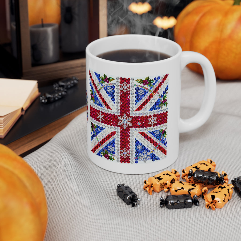Jewelled Union Jack Christmas mug with gemstone-style flag and holly, photo 7