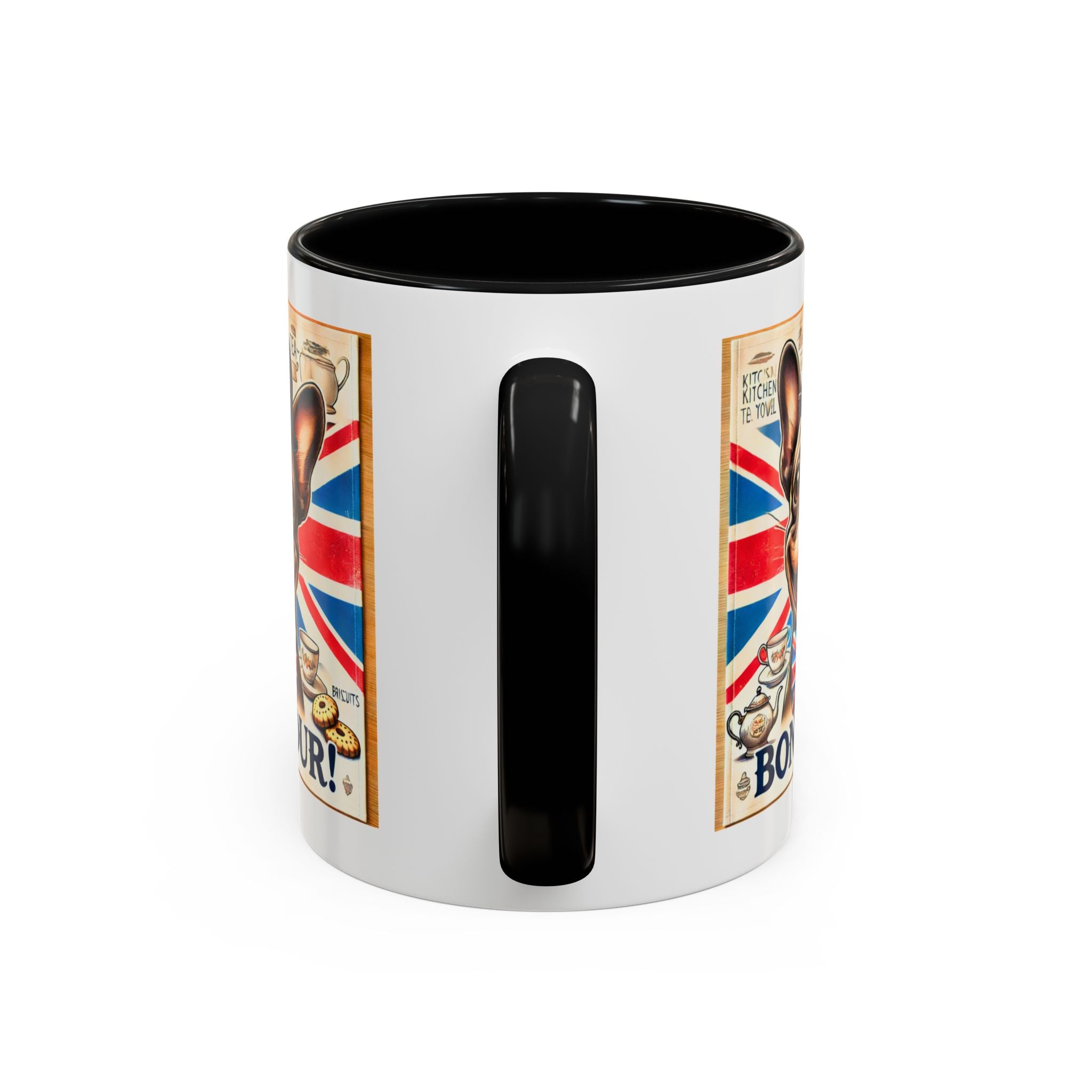 Bone-Jour Frenchie Mug | Funny Dog Lover Accent Coffee Cup | Cute French Bulldog Gift | Whimsical Patriotic Tea Mug | British Kitchen Decor