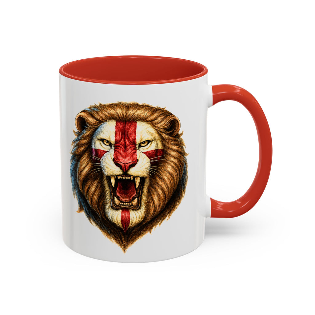 Roaring English Lion Accent Mug | St. George's Cross Patriotic Coffee Cup | Funny Medieval England Gift in Glossy Finish