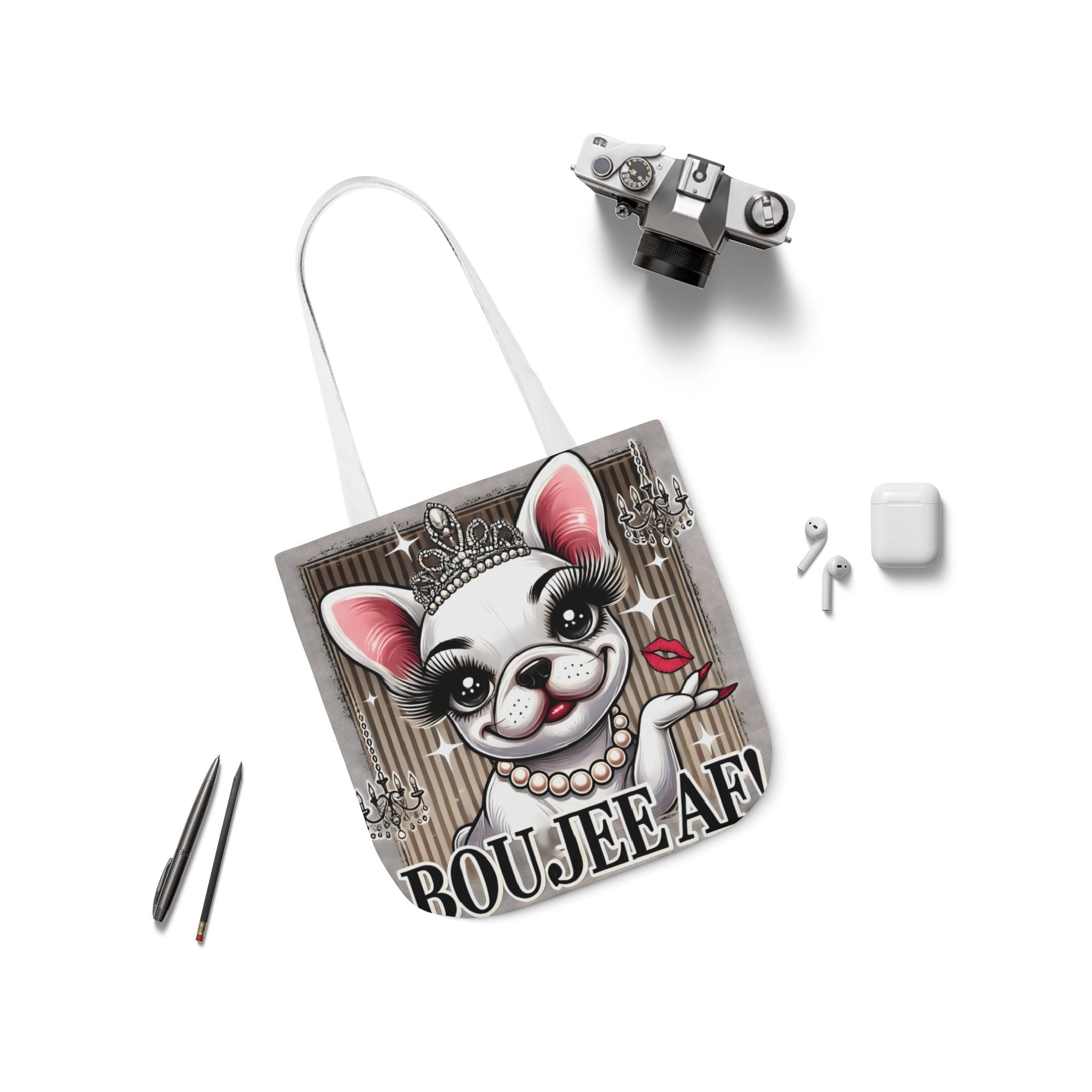 Boujee AF Canvas Tote Bag | Frenchie Design | 5-Color Straps Shopping Bag | French Bulldog Artwork Travel Tote