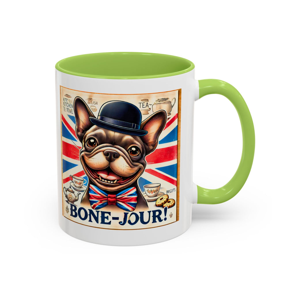 Bone-Jour Frenchie Mug | Funny Dog Lover Accent Coffee Cup | Cute French Bulldog Gift | Whimsical Patriotic Tea Mug | British Kitchen Decor