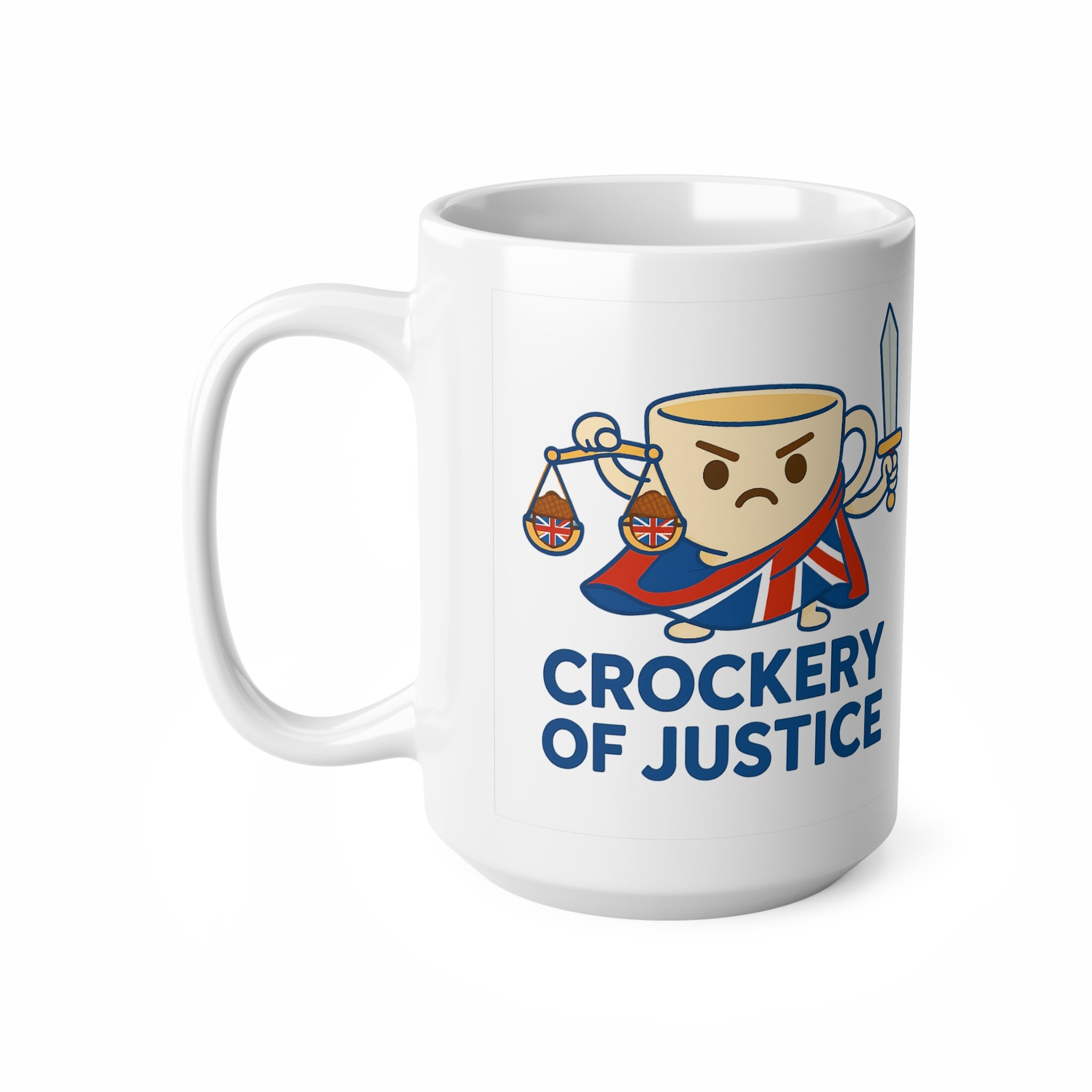Crockery of Justice Mug | Funny Union Jack Cup with Scales & Sword | Quirky British Tea Humour Cup | UK Patriot Gift