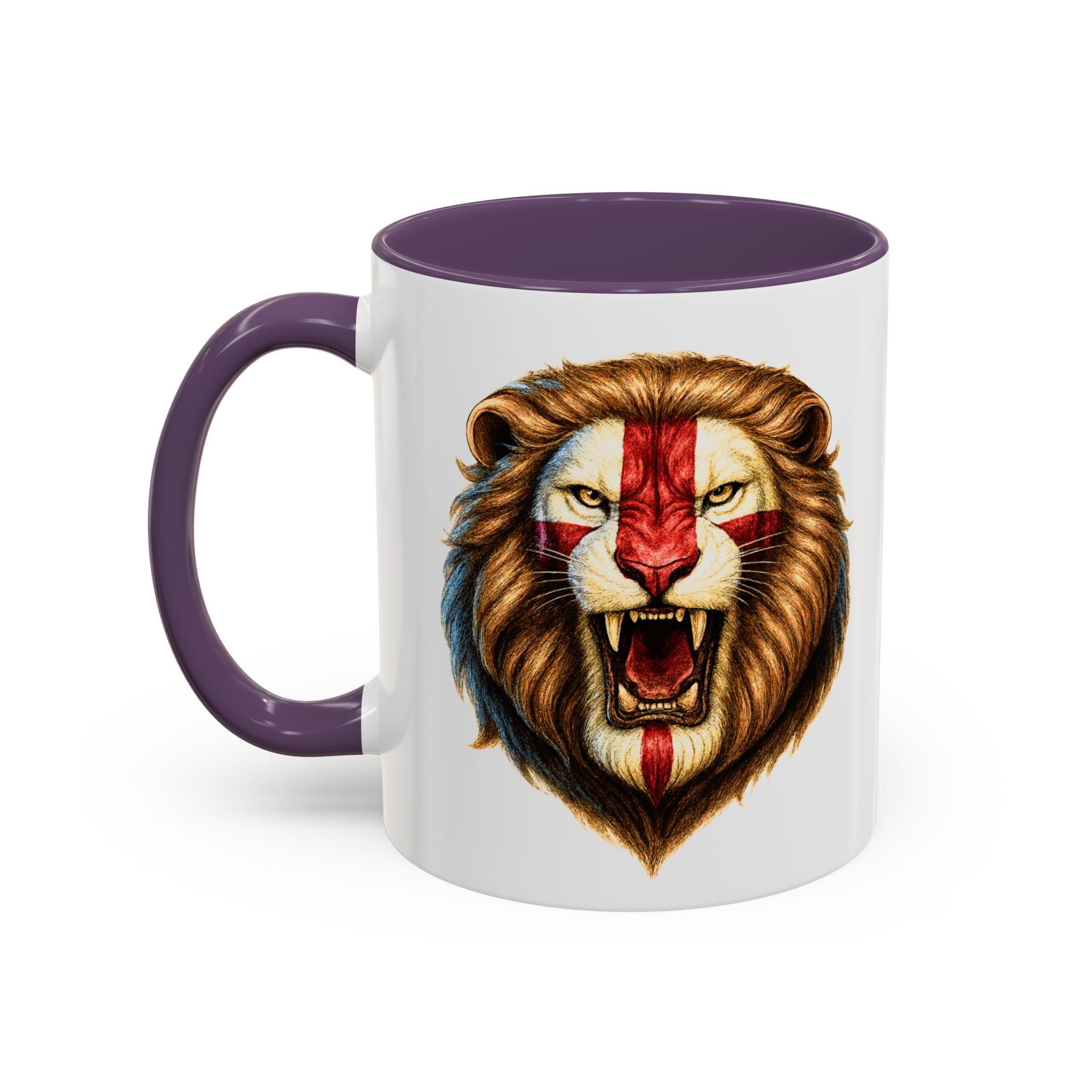 Roaring English Lion Accent Mug | St. George's Cross Patriotic Coffee Cup | Funny Medieval England Gift in Glossy Finish