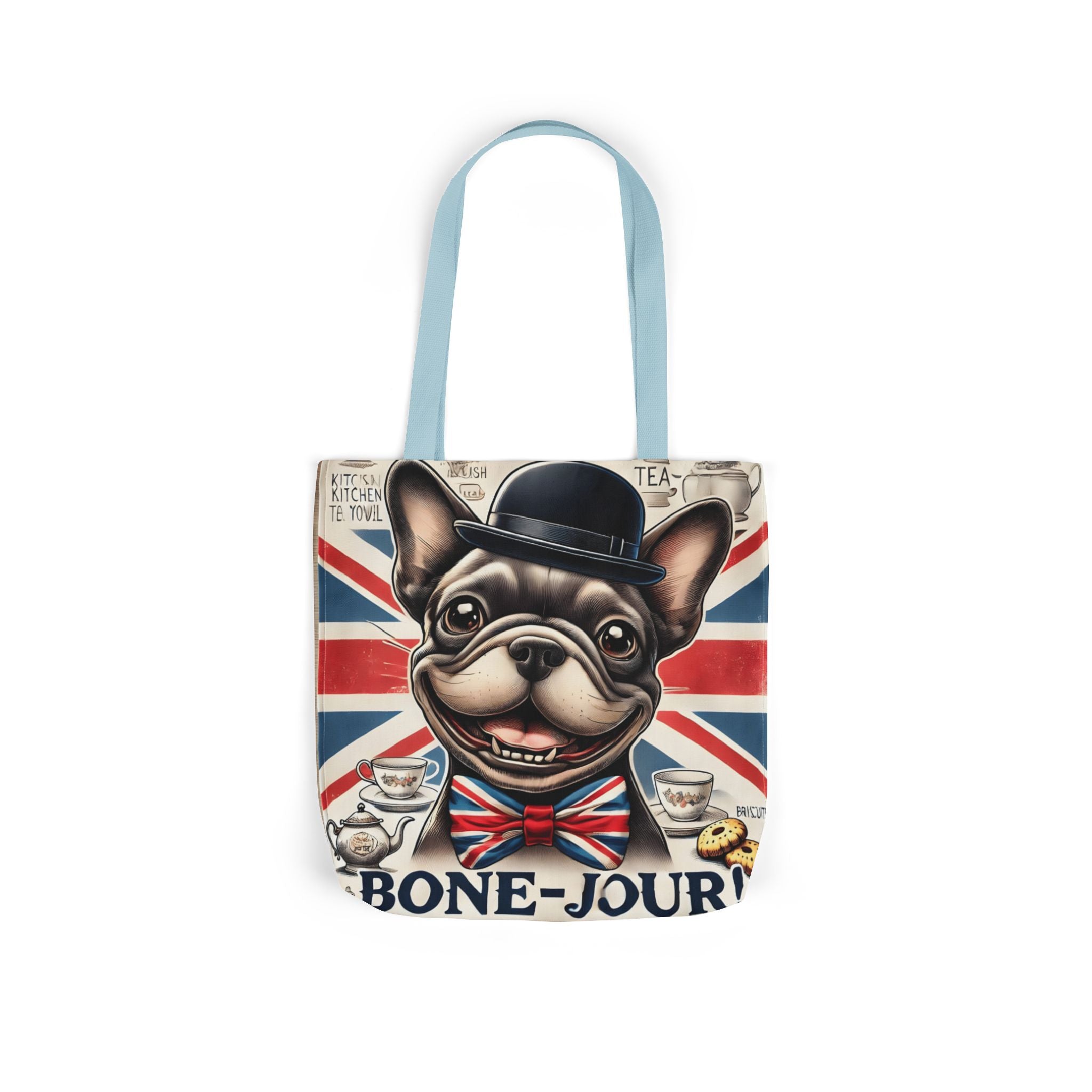 Bone-Jour Tote Bag | Union Jack Frenchie Bag | Fun Dog Mum Gift | Reusable Shopping Bag | French Bulldog Shoulder Bag, Dog Lover Gift