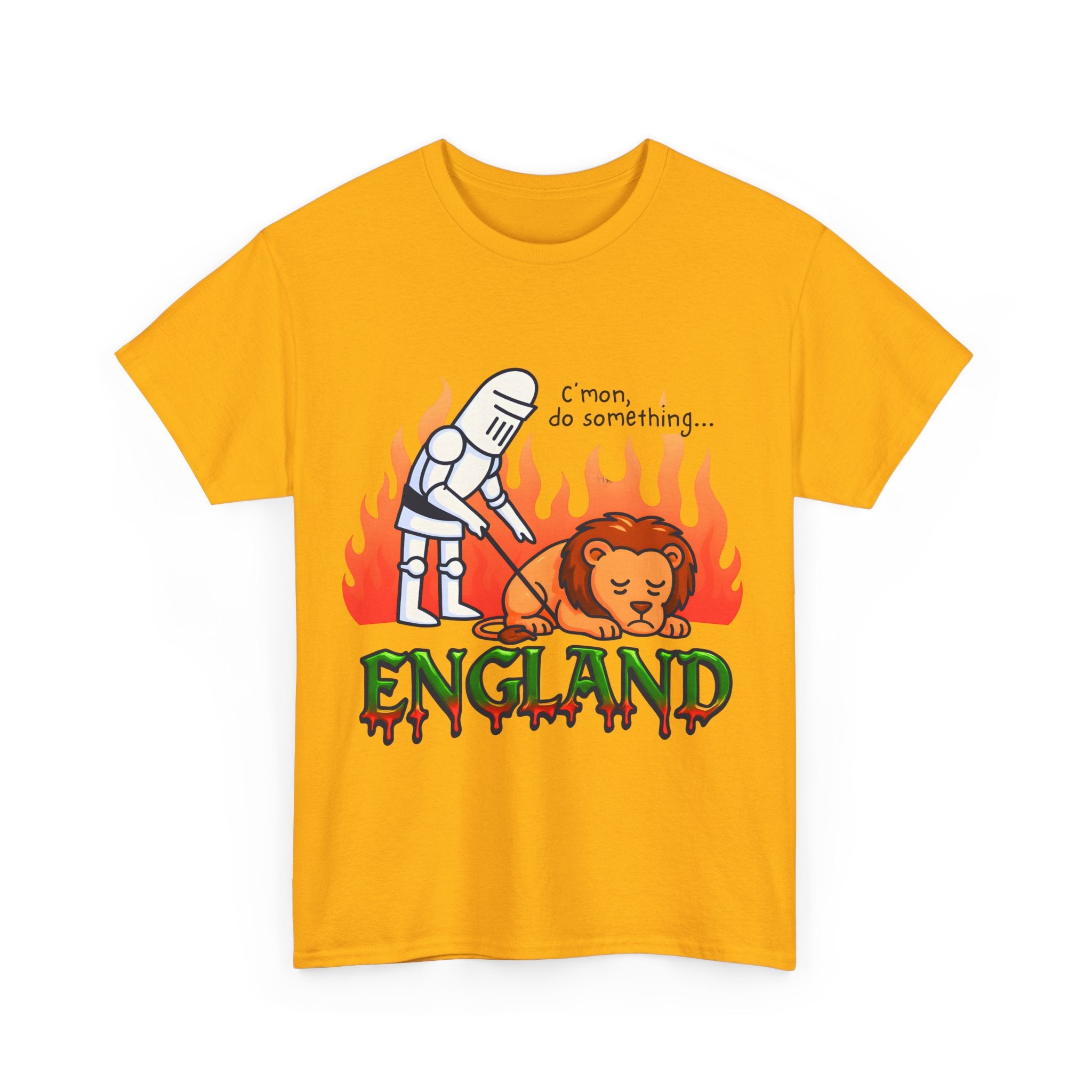 C'mon Do Something Funny England Meme T-Shirt | Unisex Heavy Cotton Tee | Sad Lion & Knight Cartoon National Pride Shirt | England T-shirt