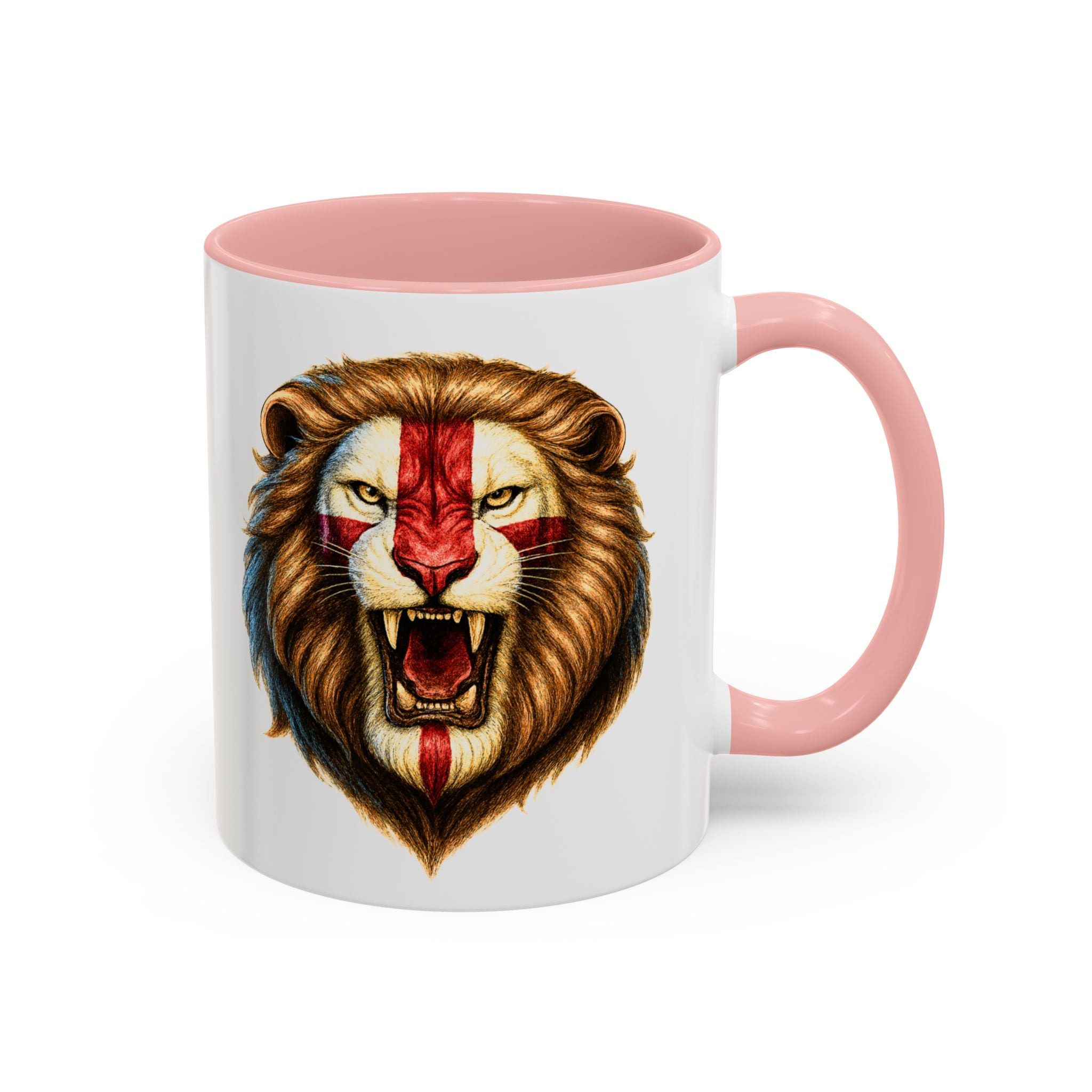 Roaring English Lion Accent Mug | St. George's Cross Patriotic Coffee Cup | Funny Medieval England Gift in Glossy Finish