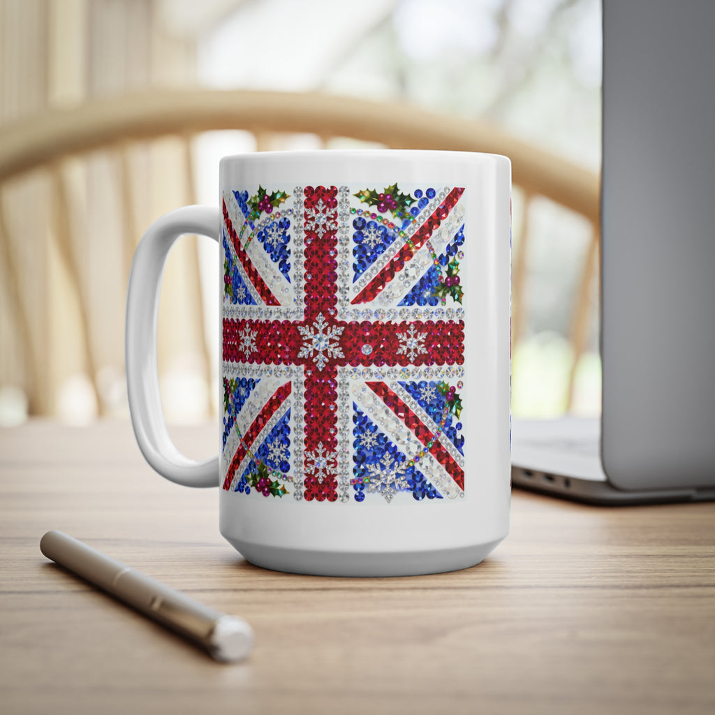 Jewelled Union Jack Christmas mug with gemstone-style flag and holly, photo 12