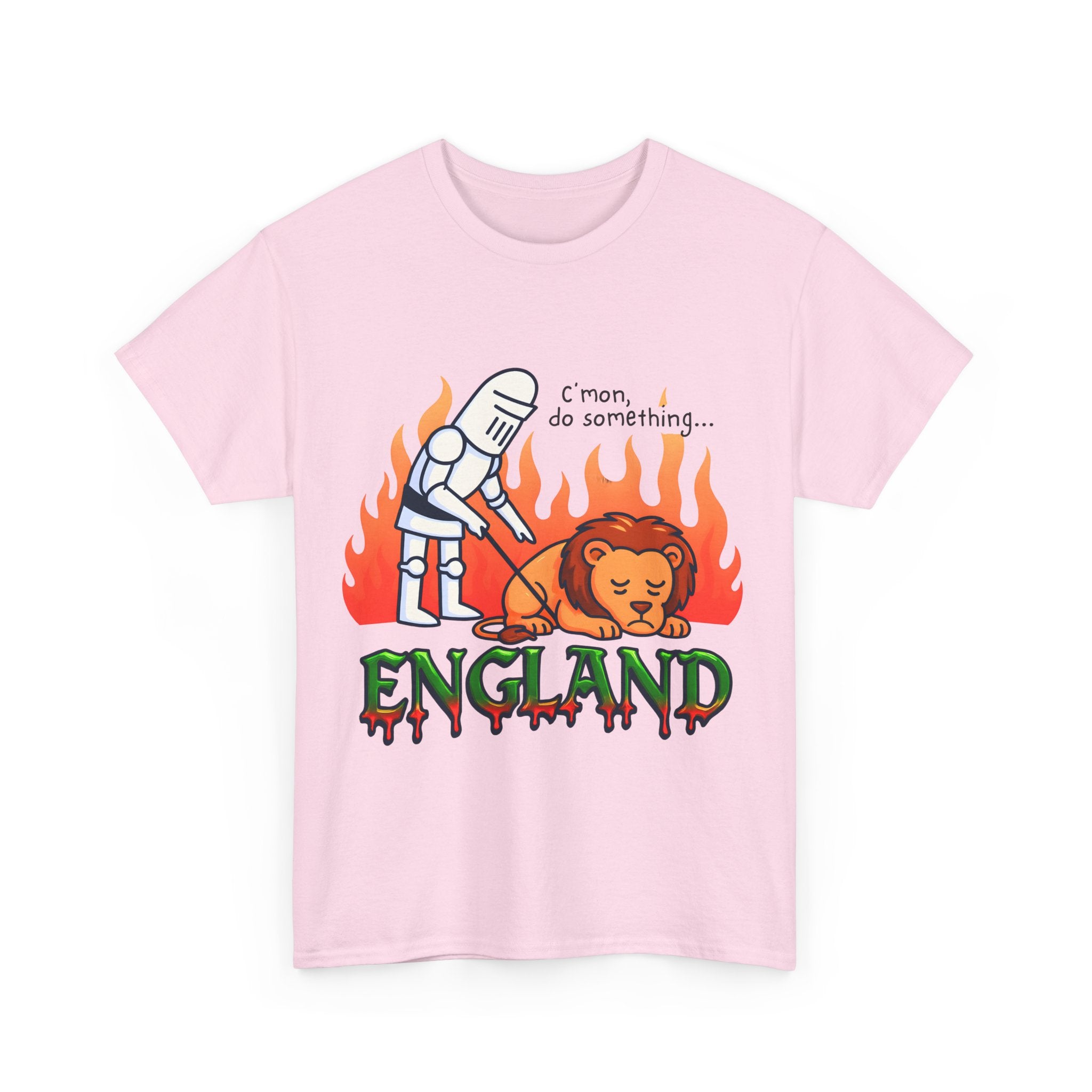 C'mon Do Something Funny England Meme T-Shirt | Unisex Heavy Cotton Tee | Sad Lion & Knight Cartoon National Pride Shirt | England T-shirt