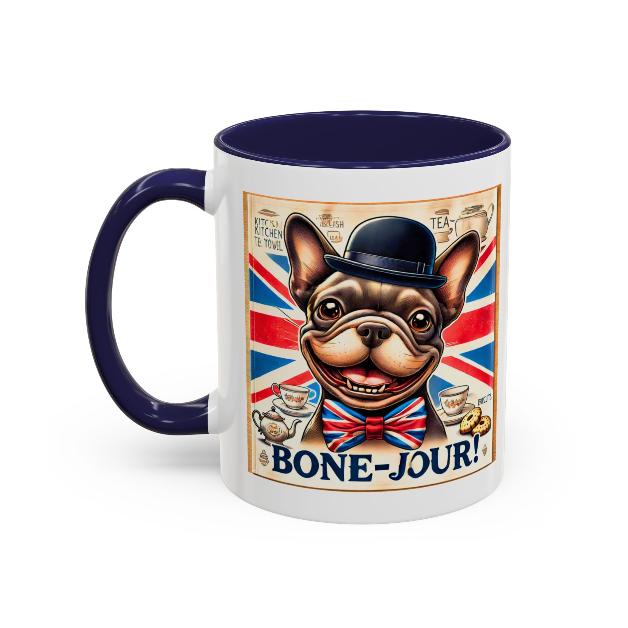 Bone-Jour Frenchie Mug | Funny Dog Lover Accent Coffee Cup | Cute French Bulldog Gift | Whimsical Patriotic Tea Mug | British Kitchen Decor