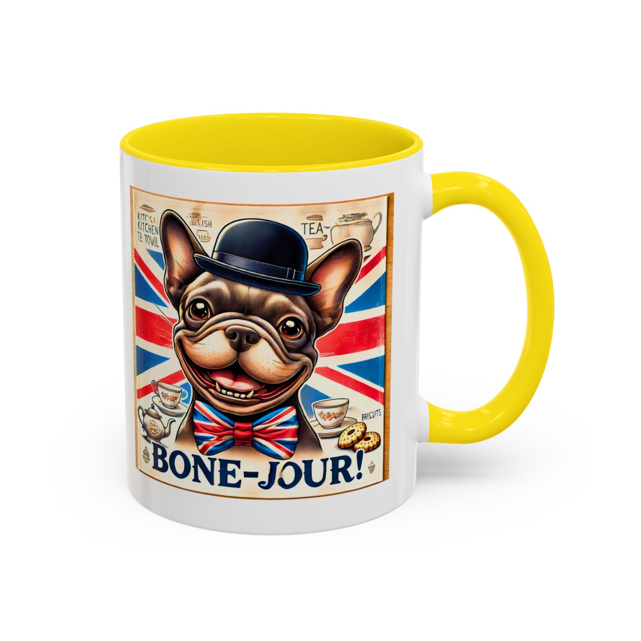 Bone-Jour Frenchie Mug | Funny Dog Lover Accent Coffee Cup | Cute French Bulldog Gift | Whimsical Patriotic Tea Mug | British Kitchen Decor