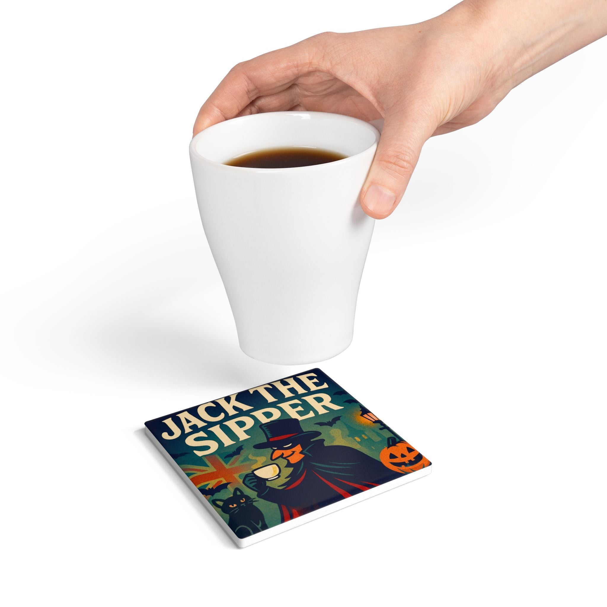 Jack the Sipper Halloween Ceramic Coaster | Vintage Gothic Tea Drinker Design | Spooky Funny Home Bar Decor