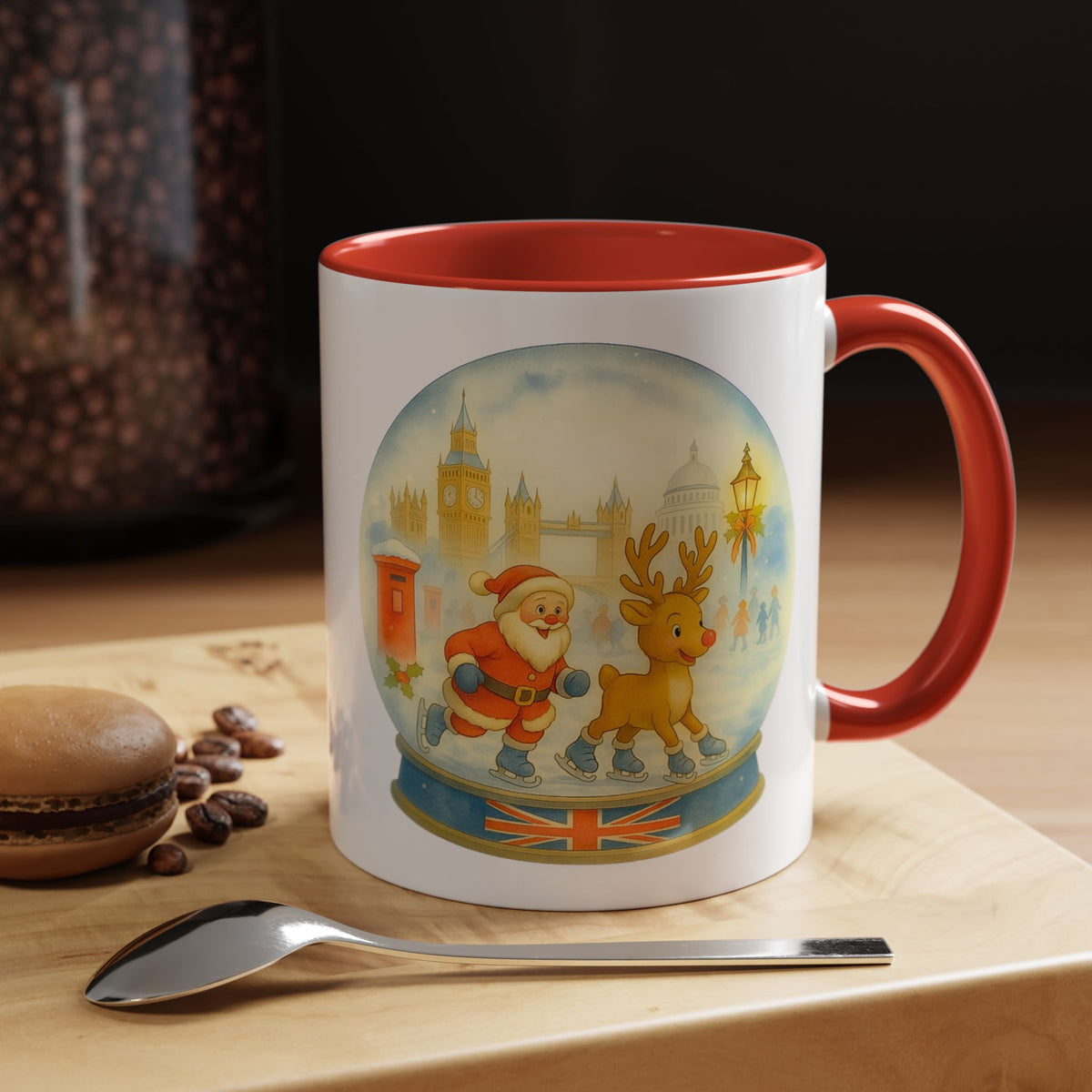 Santa and Rudolph ice skating London snowglobe Christmas mug, photo 11