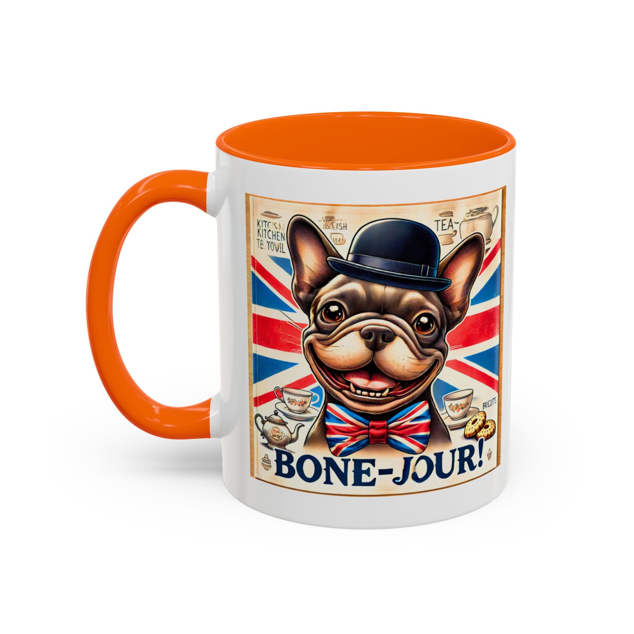 Bone-Jour Frenchie Mug | Funny Dog Lover Accent Coffee Cup | Cute French Bulldog Gift | Whimsical Patriotic Tea Mug | British Kitchen Decor