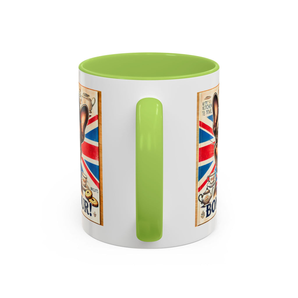 Bone-Jour Frenchie Mug | Funny Dog Lover Accent Coffee Cup | Cute French Bulldog Gift | Whimsical Patriotic Tea Mug | British Kitchen Decor