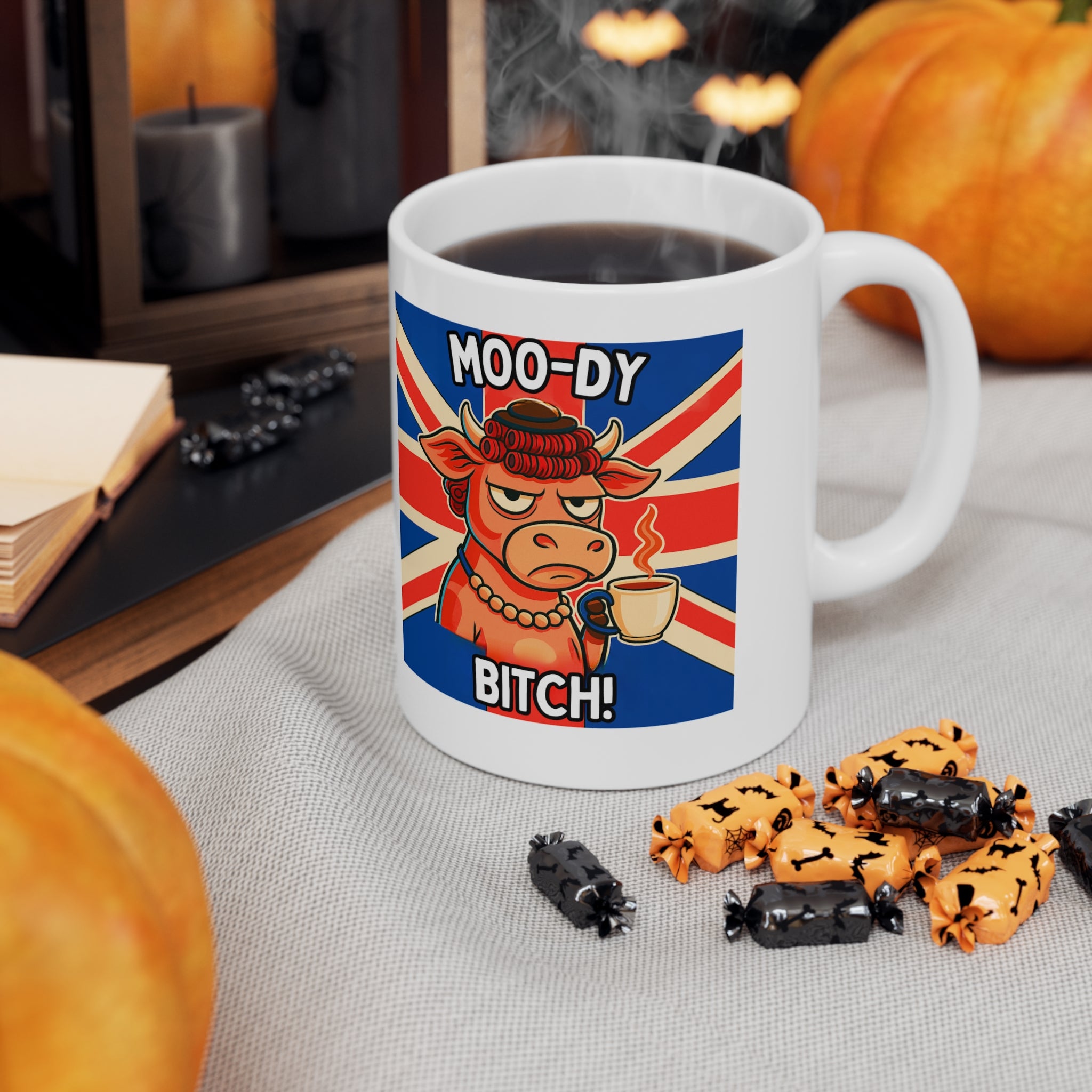 Moo-dy Bitch Funny Cow Mug | Funny British Animal Coffee Cup | Unique Sassy Gift for Her | 11oz Ceramic Moody Novelty Mug