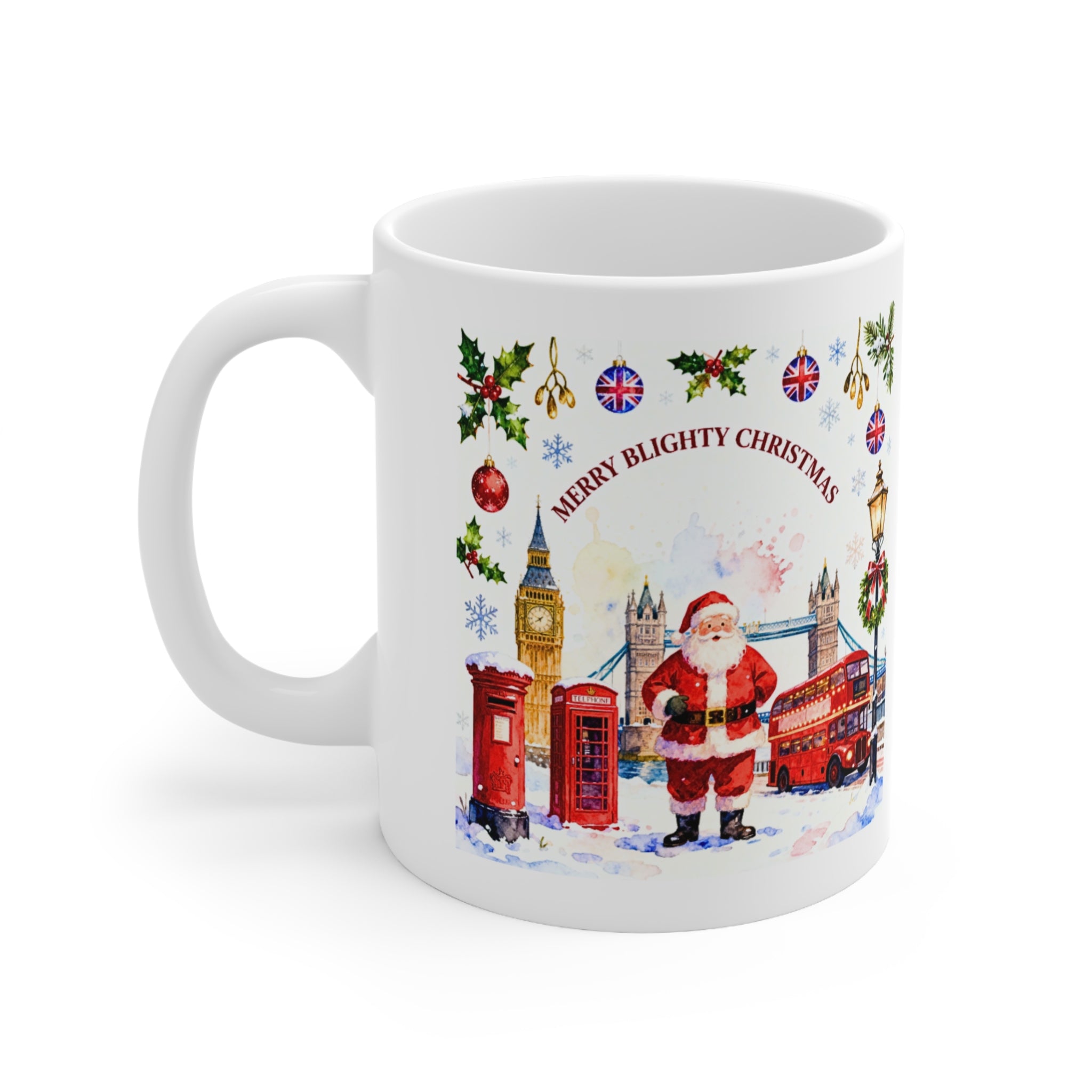 Merry Blighty Christmas - UK Santa Mug | British Festive Cup | London Watercolour Design | UK Holiday Gift
