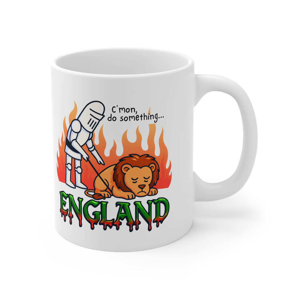 C'mon, Do Something Fiery Meme Mug | England Knight & Lion Cartoon Coffee Cup | 11oz and 15oz Parody Mug | Unique Gift for England Fans