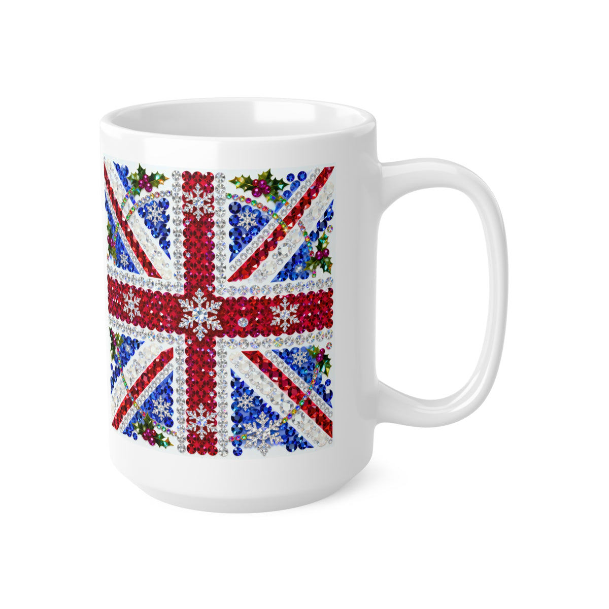 Jewelled Union Jack Christmas mug with gemstone-style flag and holly, photo 9