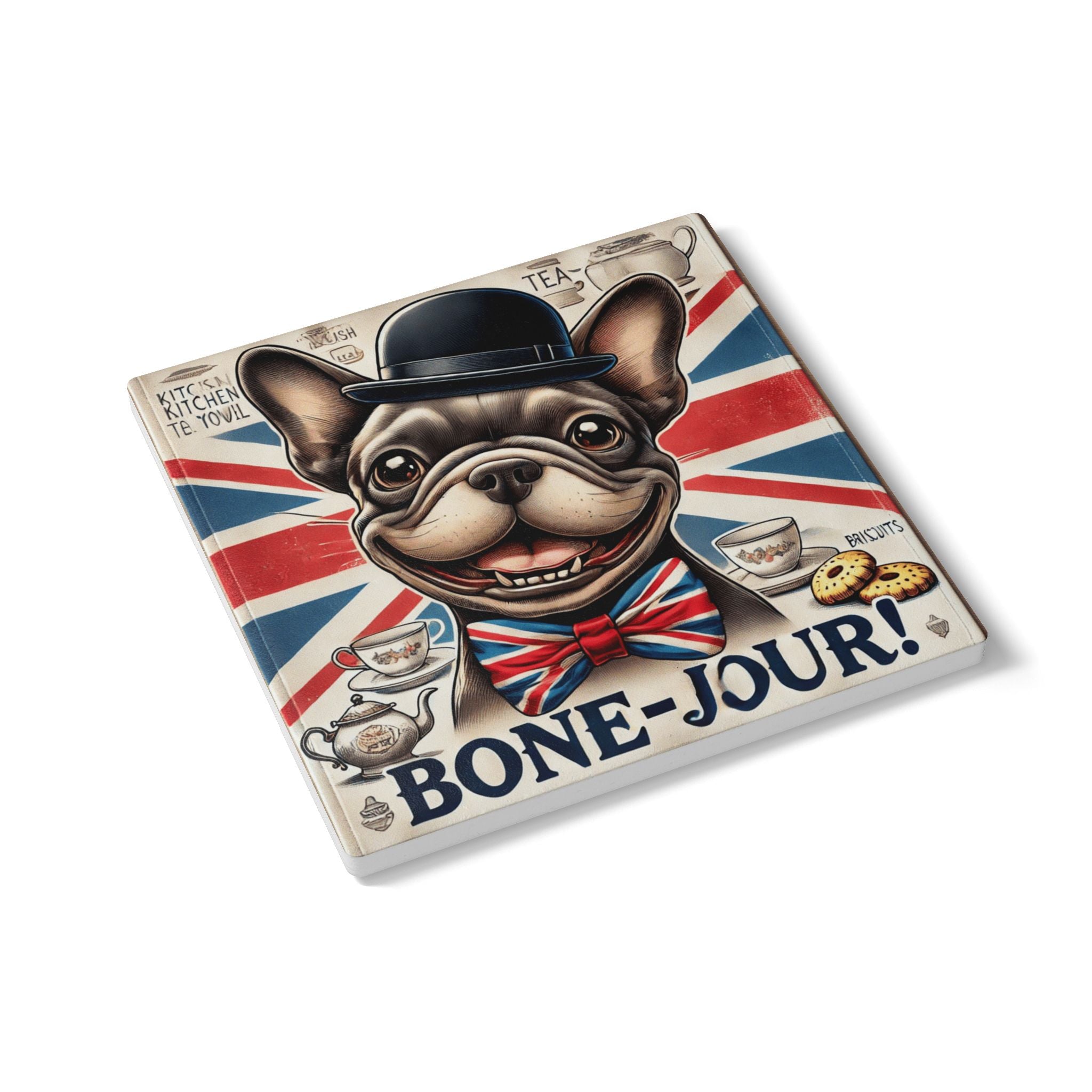 Bone-Jour Funny French Bulldog Coaster | British Dog Lover Gift | Union Jack Tea & Coffee Coaster | Unique Home Decor Pet Lover Gift