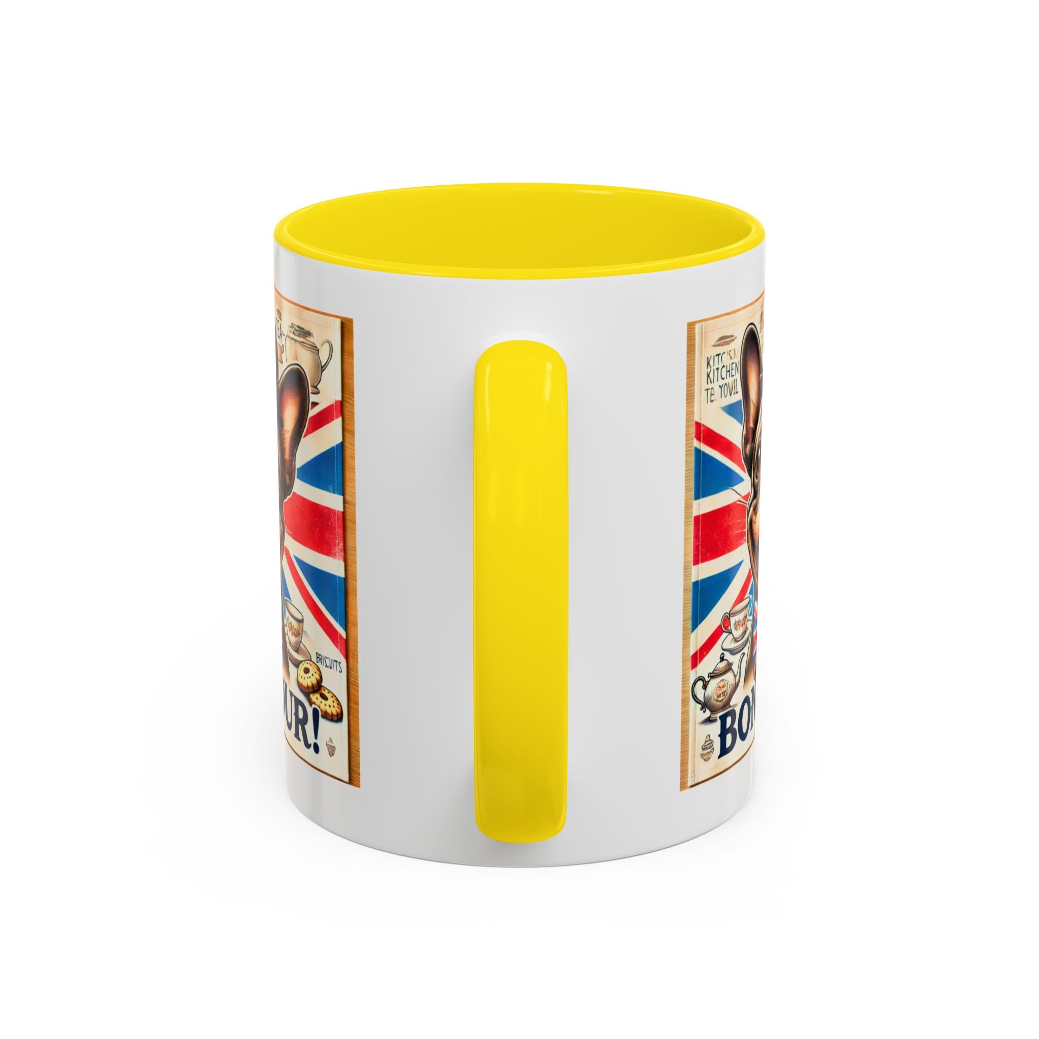 Bone-Jour Frenchie Mug | Funny Dog Lover Accent Coffee Cup | Cute French Bulldog Gift | Whimsical Patriotic Tea Mug | British Kitchen Decor