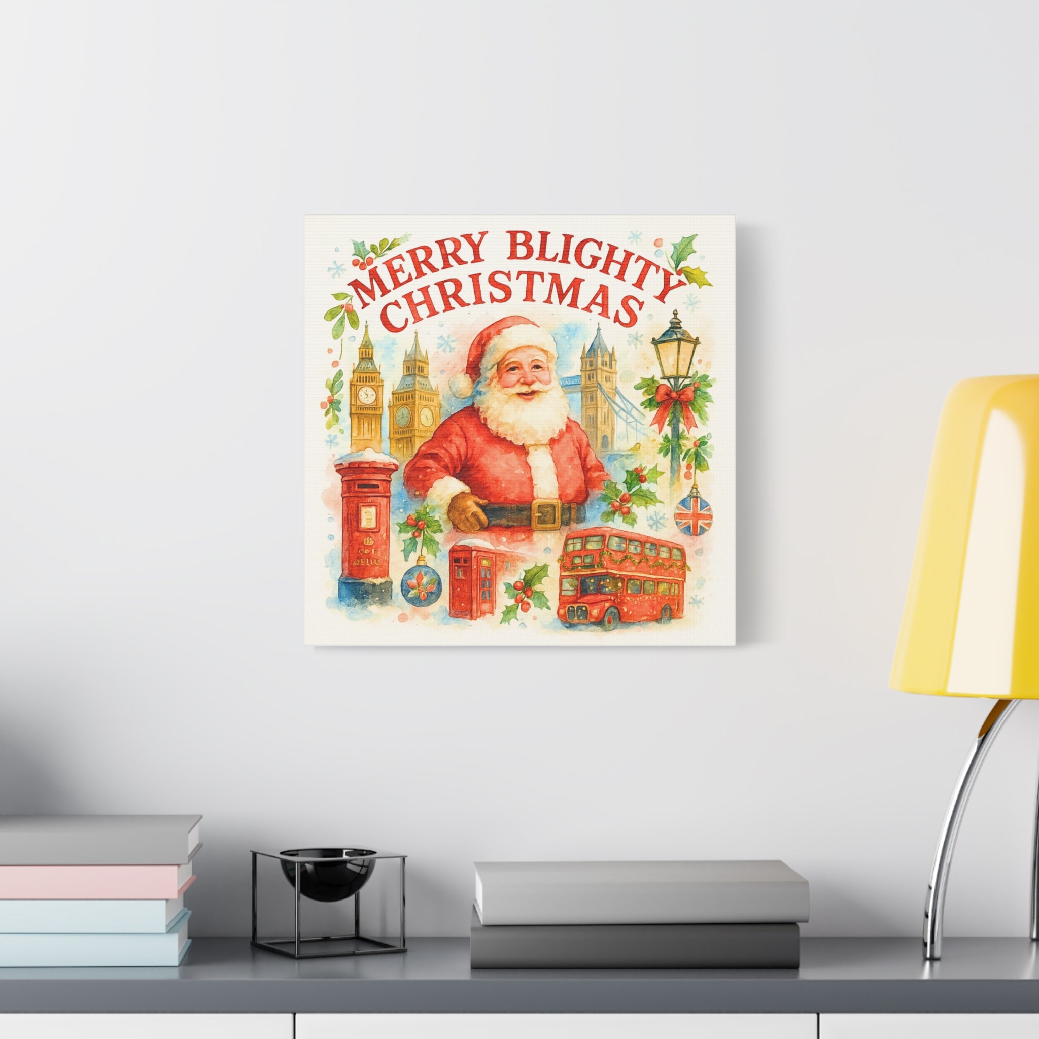 Merry Blighty Christmas Canvas Art - Vintage Watercolour London Scene | British Santa Wall Art | Cozy UK Festive Holiday Decor