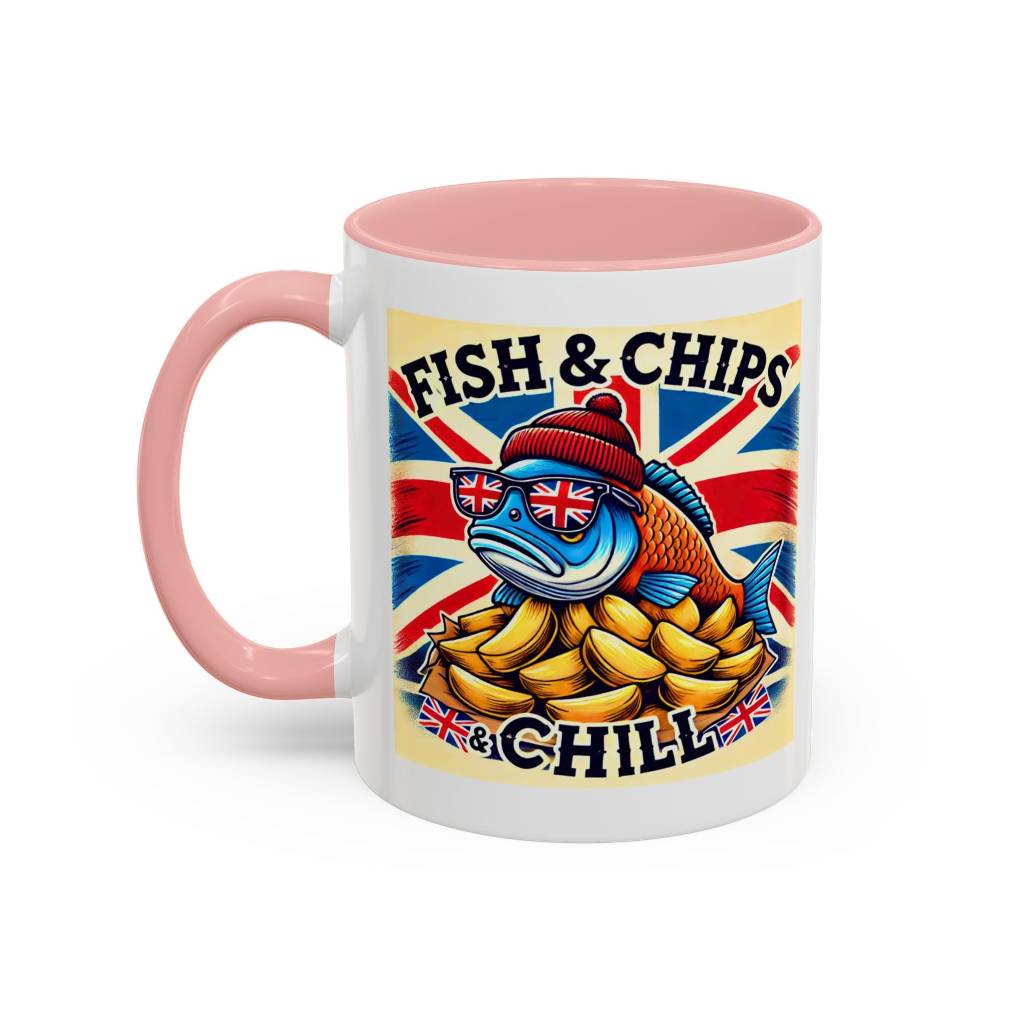 Fish & Chips n Chill Mug | Funny British Coffee Cup | Foodie Gift | Quirky UK Tea Mug | Accent Coffee Cup for Home or Office