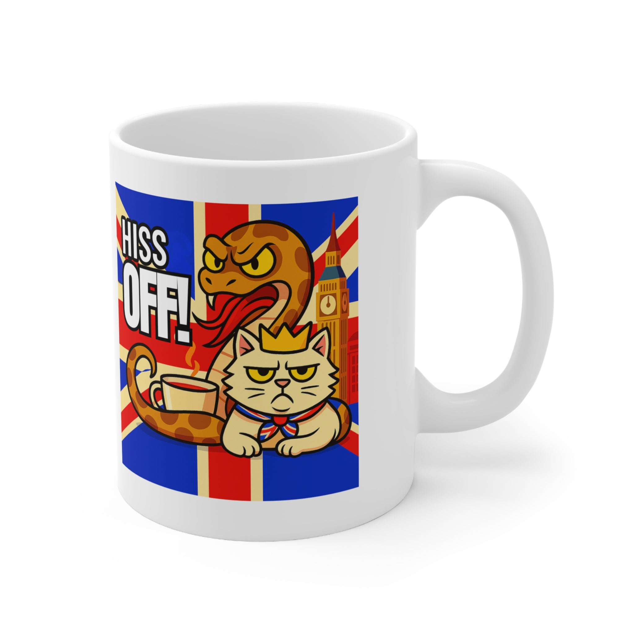 HISS OFF 11oz Mug | Funny British Snake Cat Cartoon | Union Jack Sassy Animal Gift | Snarky UK Humor Coffee Cup | Tea Lover Present