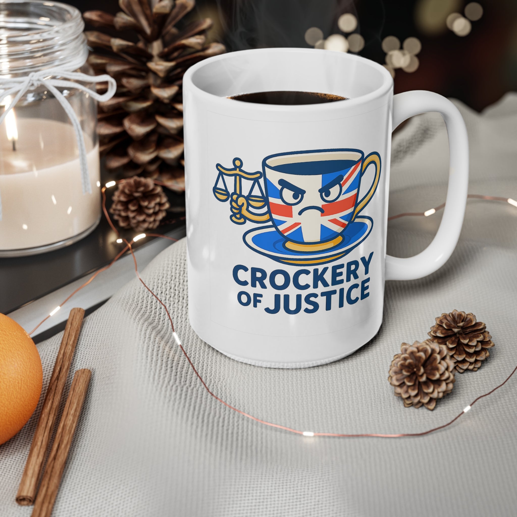 Crockery of Justice Mug | Funny British 11oz & 15oz Cup | UK Patriot Union Jack Tea Humour Gift | Quirky Unique Design