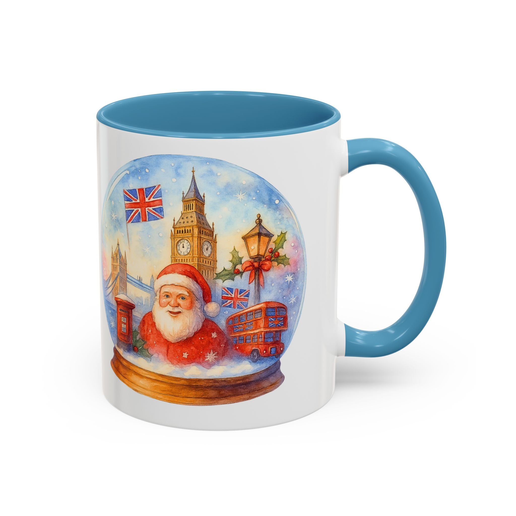 London Santa Snowglobe Mug | UK Christmas Souvenir Cup | Big Ben London Bus Festive Mug | British Holiday Gift
