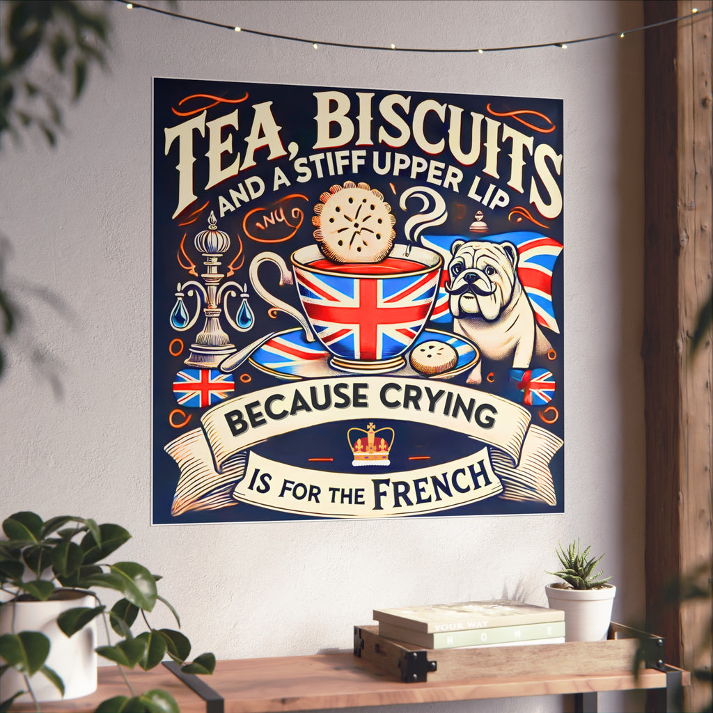 Tea, Biscuits and a Stiff Upper Lip Poster | Crying Is For The French Vintage British Bulldog Gift | Unique Patriotic UK Wall Art Print