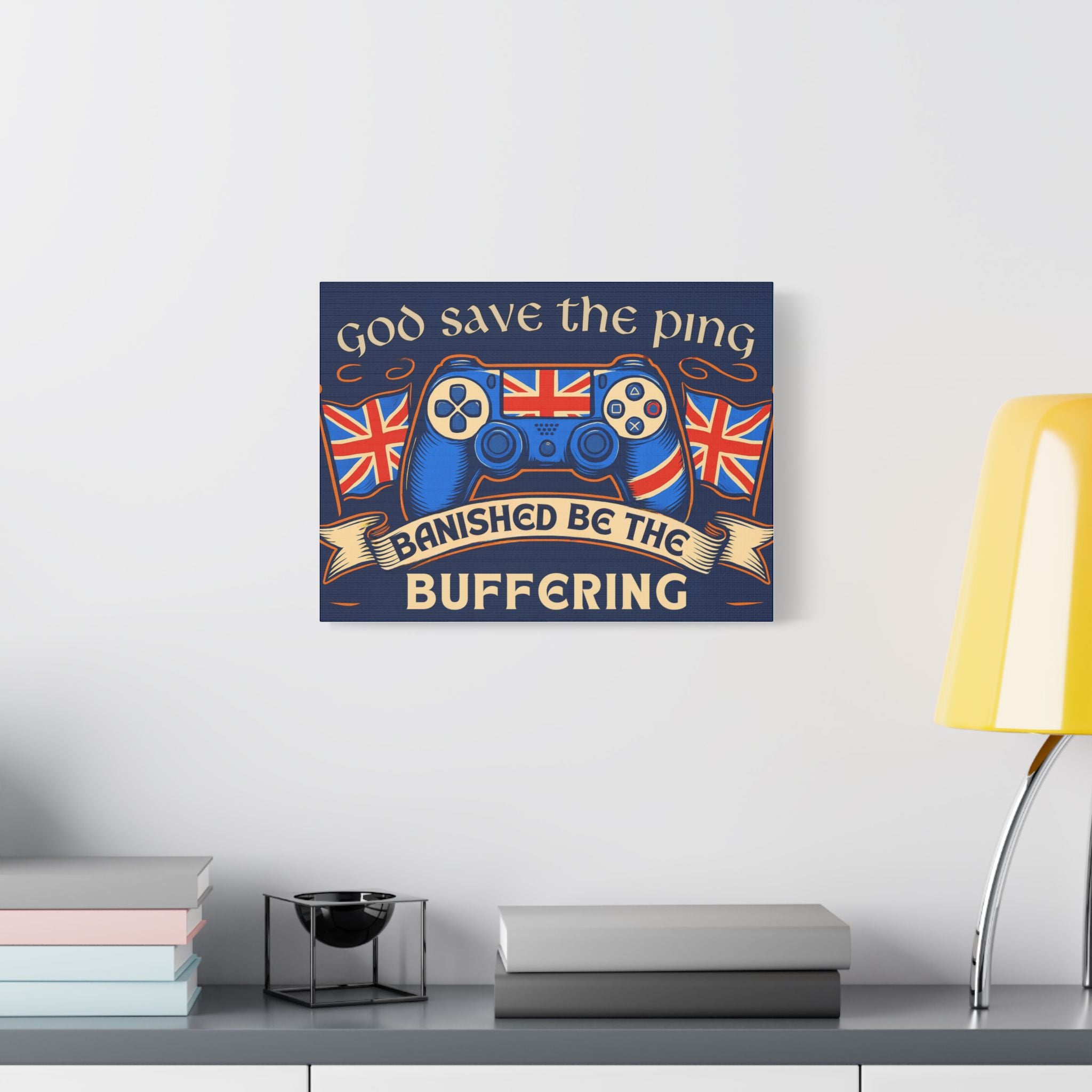 God Save the Ping - Funny Gaming Canvas Wall Art | British Gamer Decor | Geeky Gift for Him | Gaming Wall Print