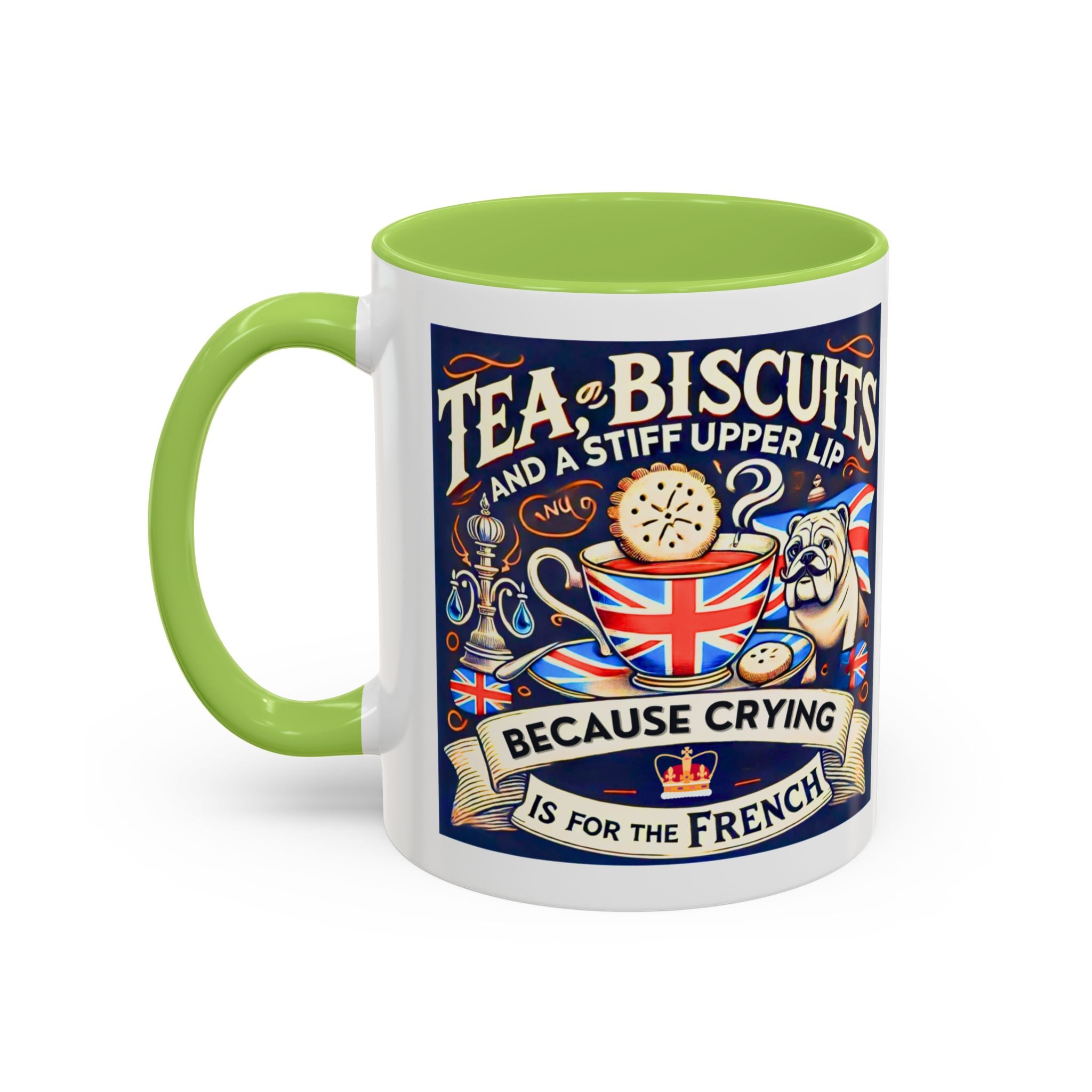 Crying Is for the French Mug | Funny British Humor Cup | Tea and Biscuits UK Banter Gift | 11oz Tea & Coffee Mug | Patriotic Dog Mug