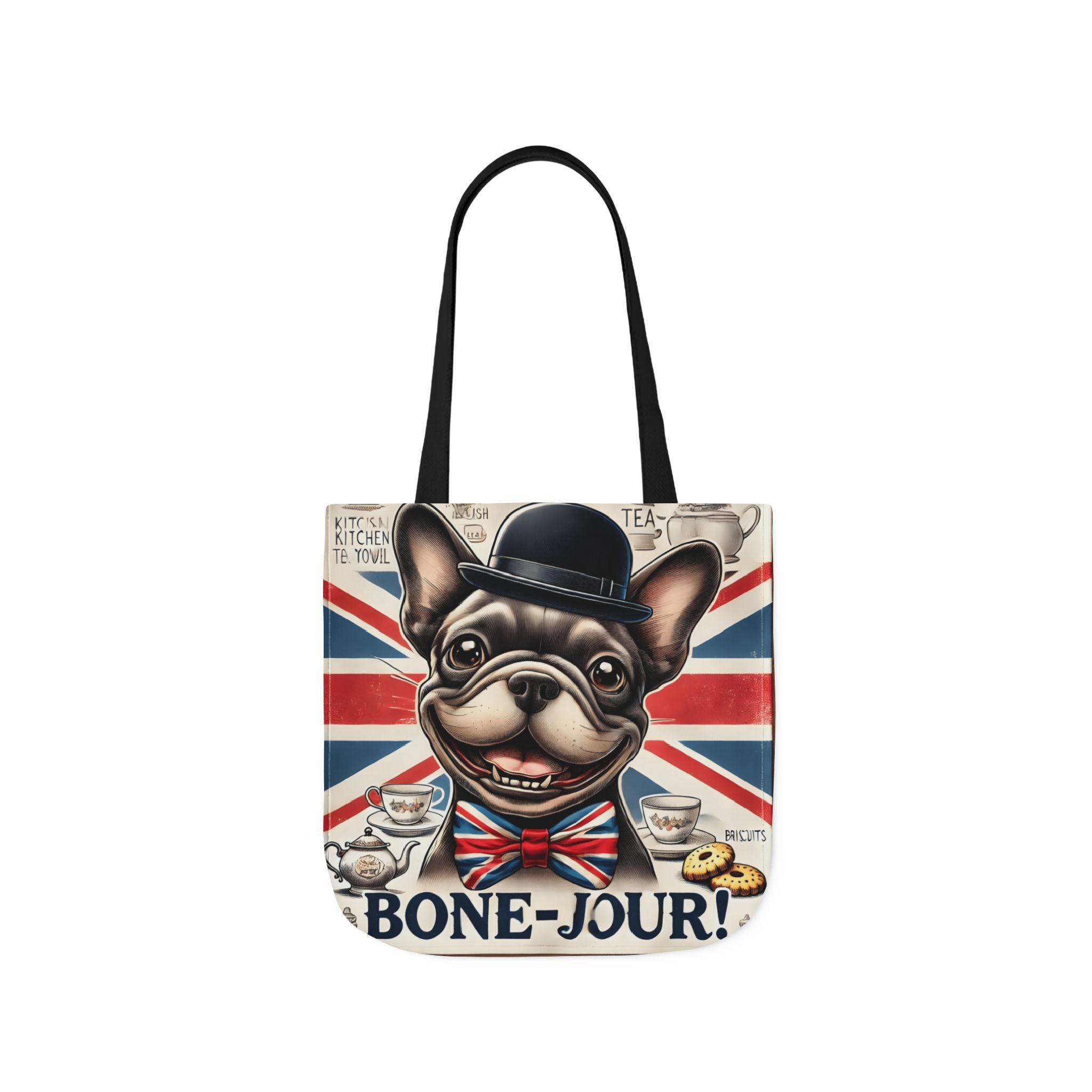 Bone-Jour Tote Bag | Union Jack Frenchie Bag | Fun Dog Mum Gift | Reusable Shopping Bag | French Bulldog Shoulder Bag, Dog Lover Gift