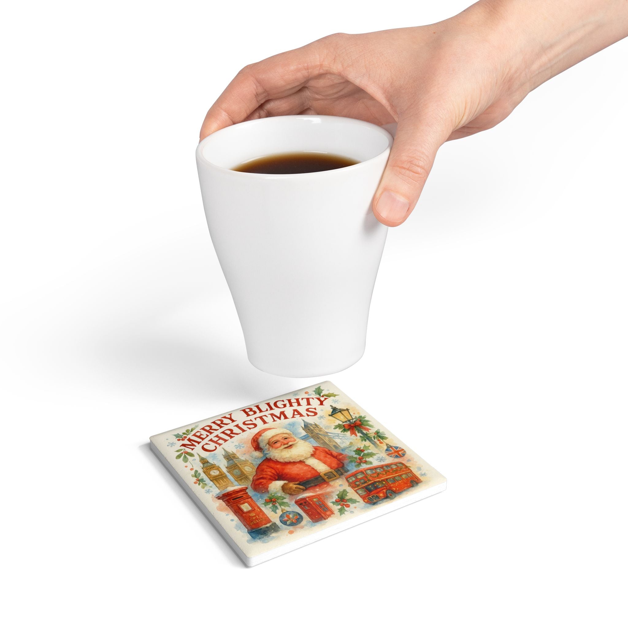 Merry Blighty Christmas Coaster | Watercolour UK Santa London Kitchen Decor Gift
