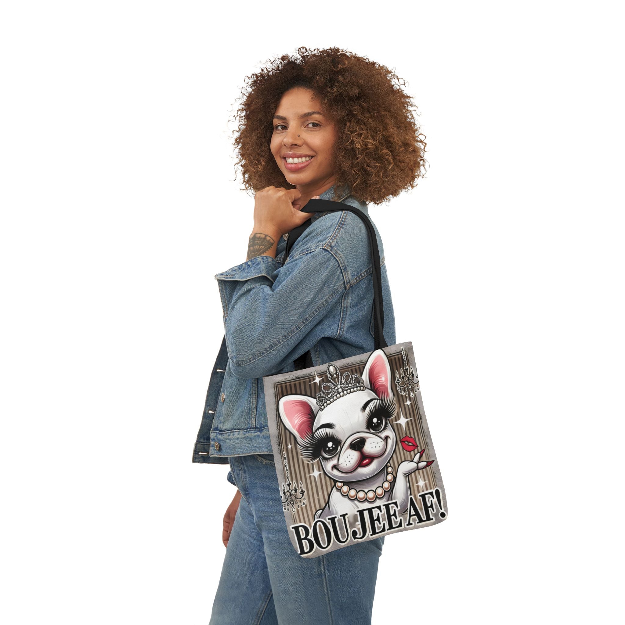 Boujee AF Canvas Tote Bag | Frenchie Design | 5-Color Straps Shopping Bag | French Bulldog Artwork Travel Tote