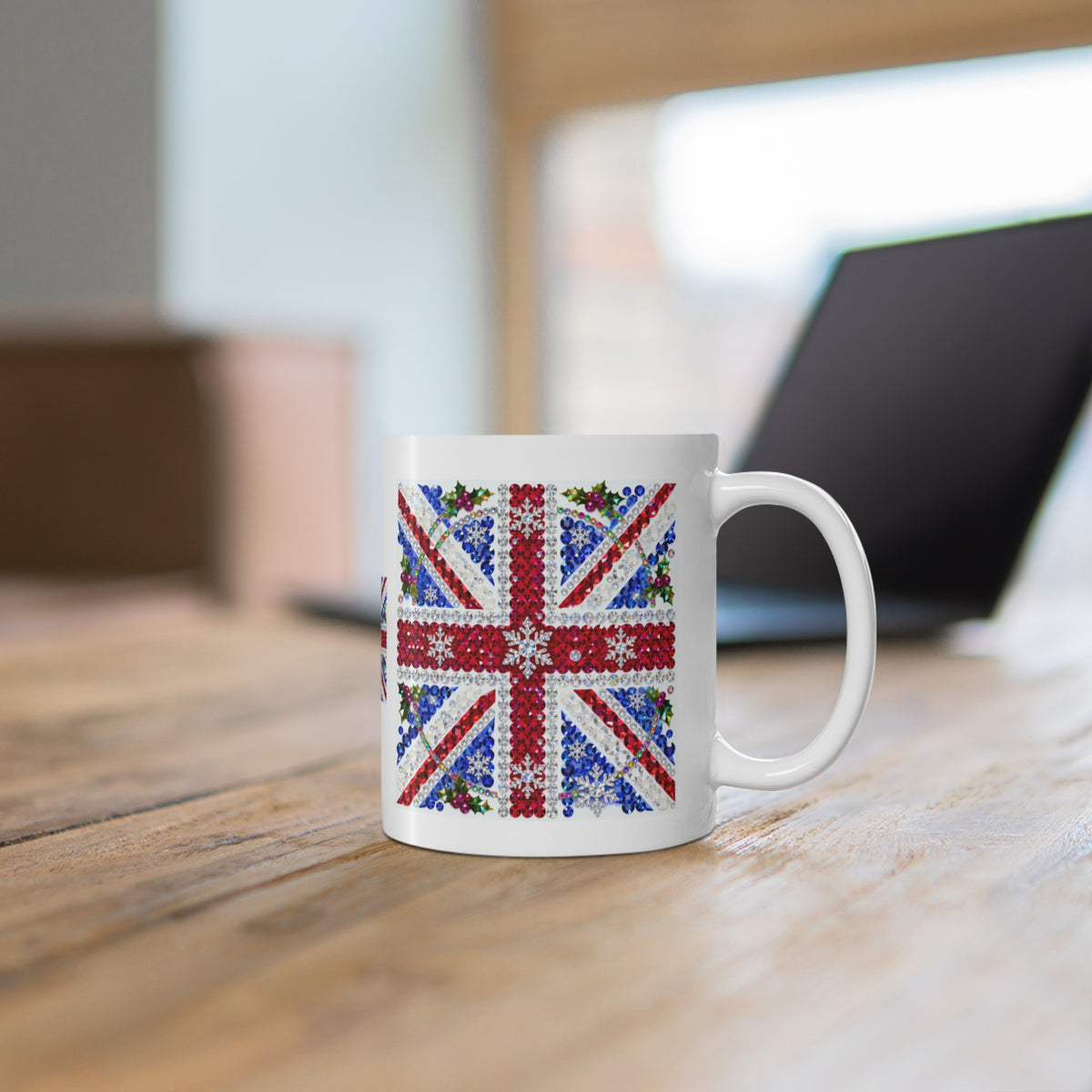 Jewelled Union Jack Christmas mug with gemstone-style flag and holly, photo 6
