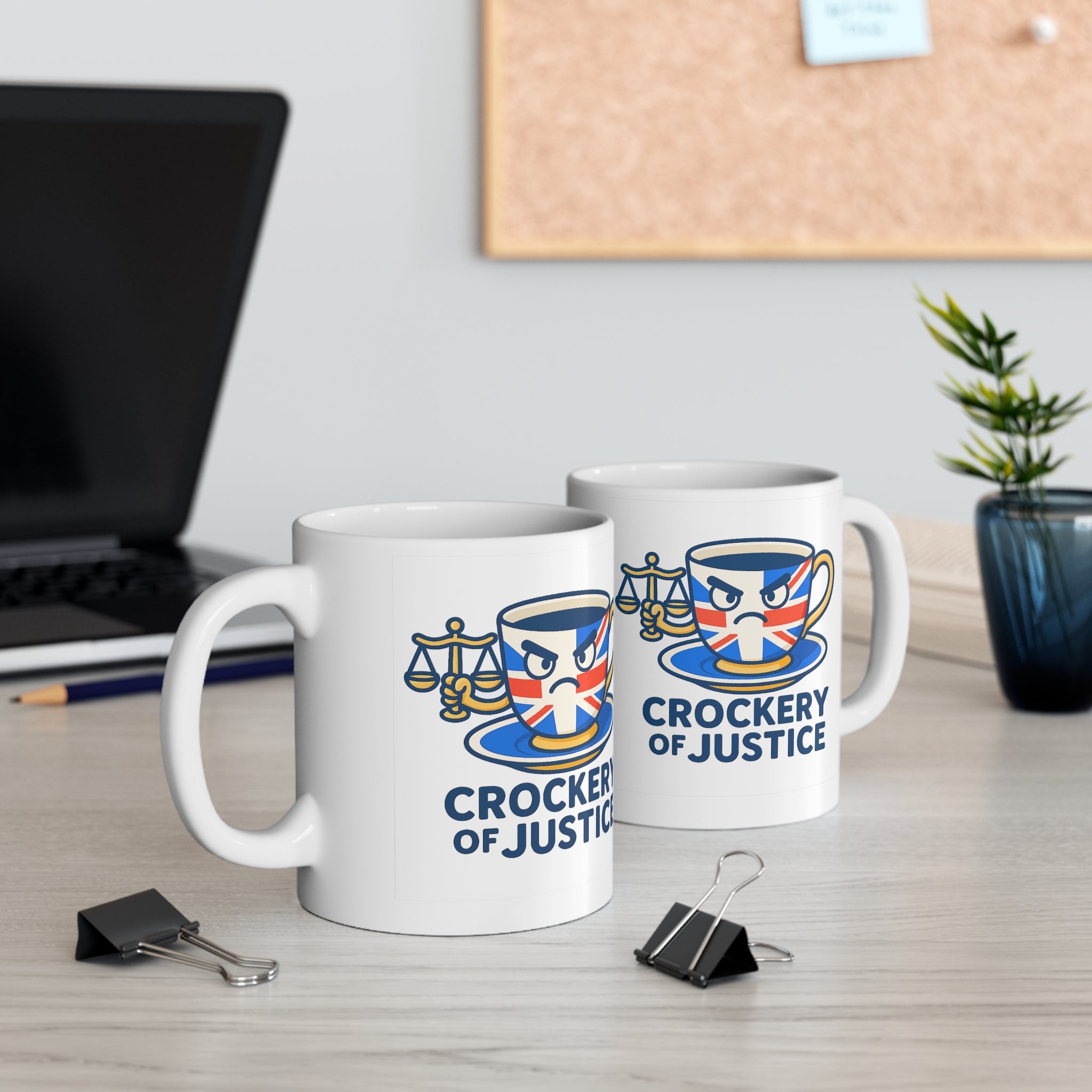 Crockery of Justice Mug | Funny British 11oz & 15oz Cup | UK Patriot Union Jack Tea Humour Gift | Quirky Unique Design