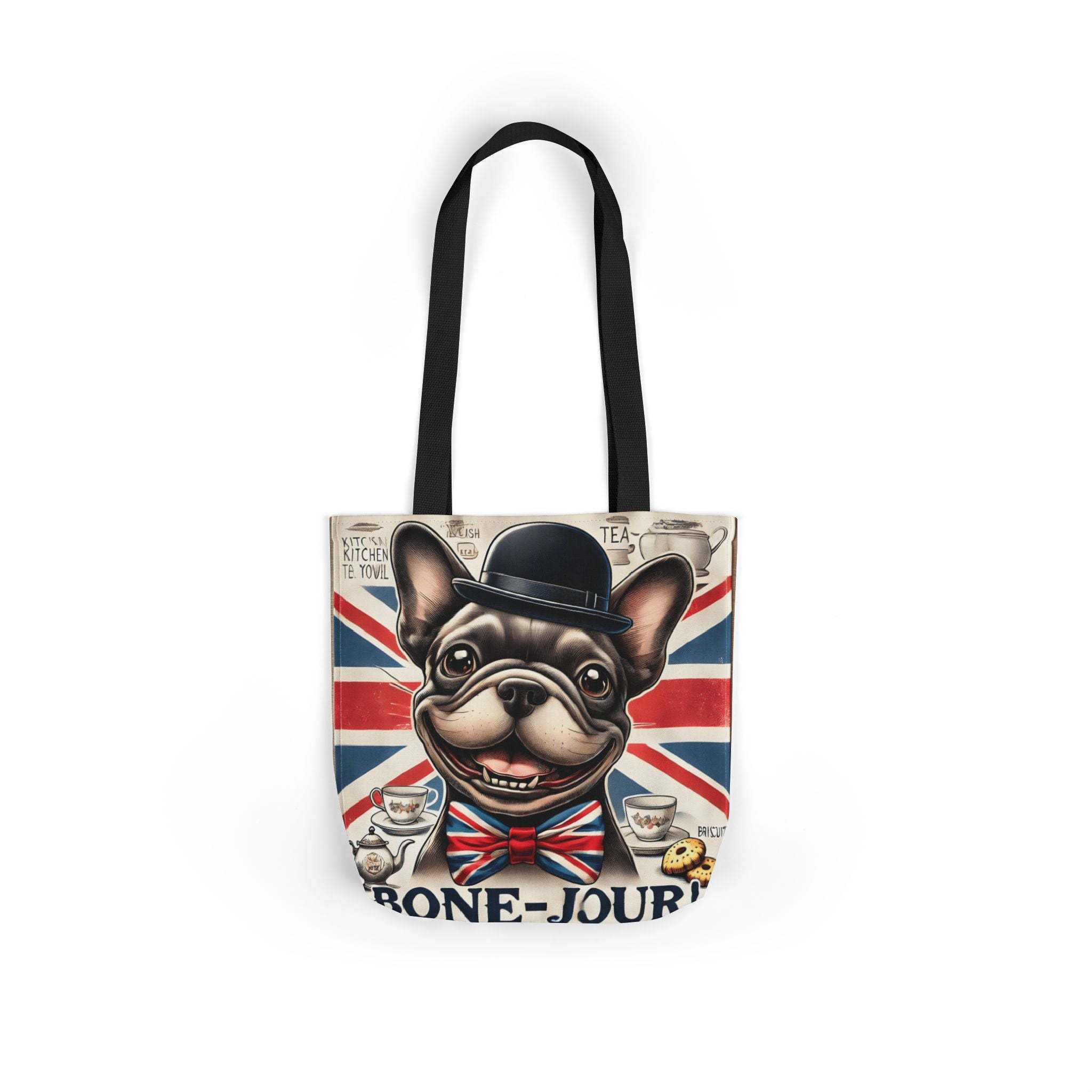 Bone-Jour Tote Bag | Union Jack Frenchie Bag | Fun Dog Mum Gift | Reusable Shopping Bag | French Bulldog Shoulder Bag, Dog Lover Gift