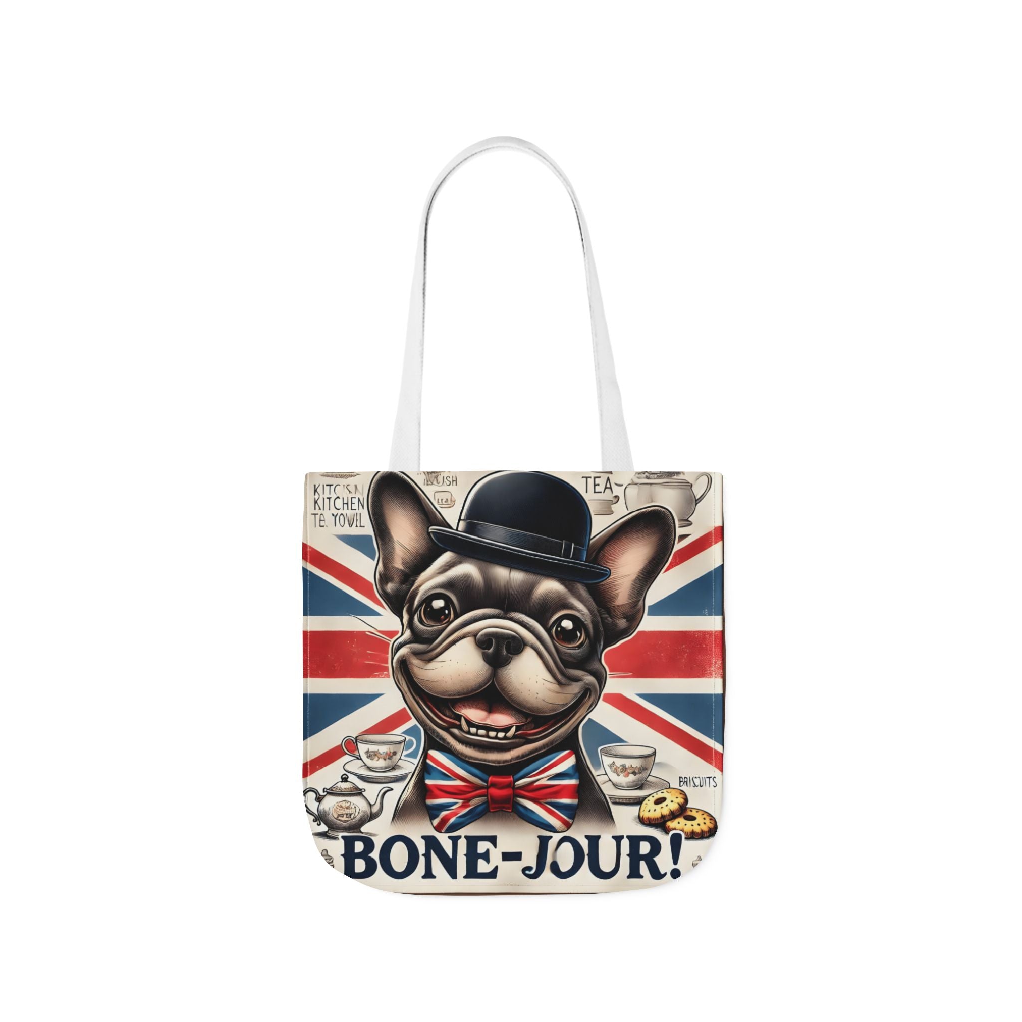 Bone-Jour Tote Bag | Union Jack Frenchie Bag | Fun Dog Mum Gift | Reusable Shopping Bag | French Bulldog Shoulder Bag, Dog Lover Gift