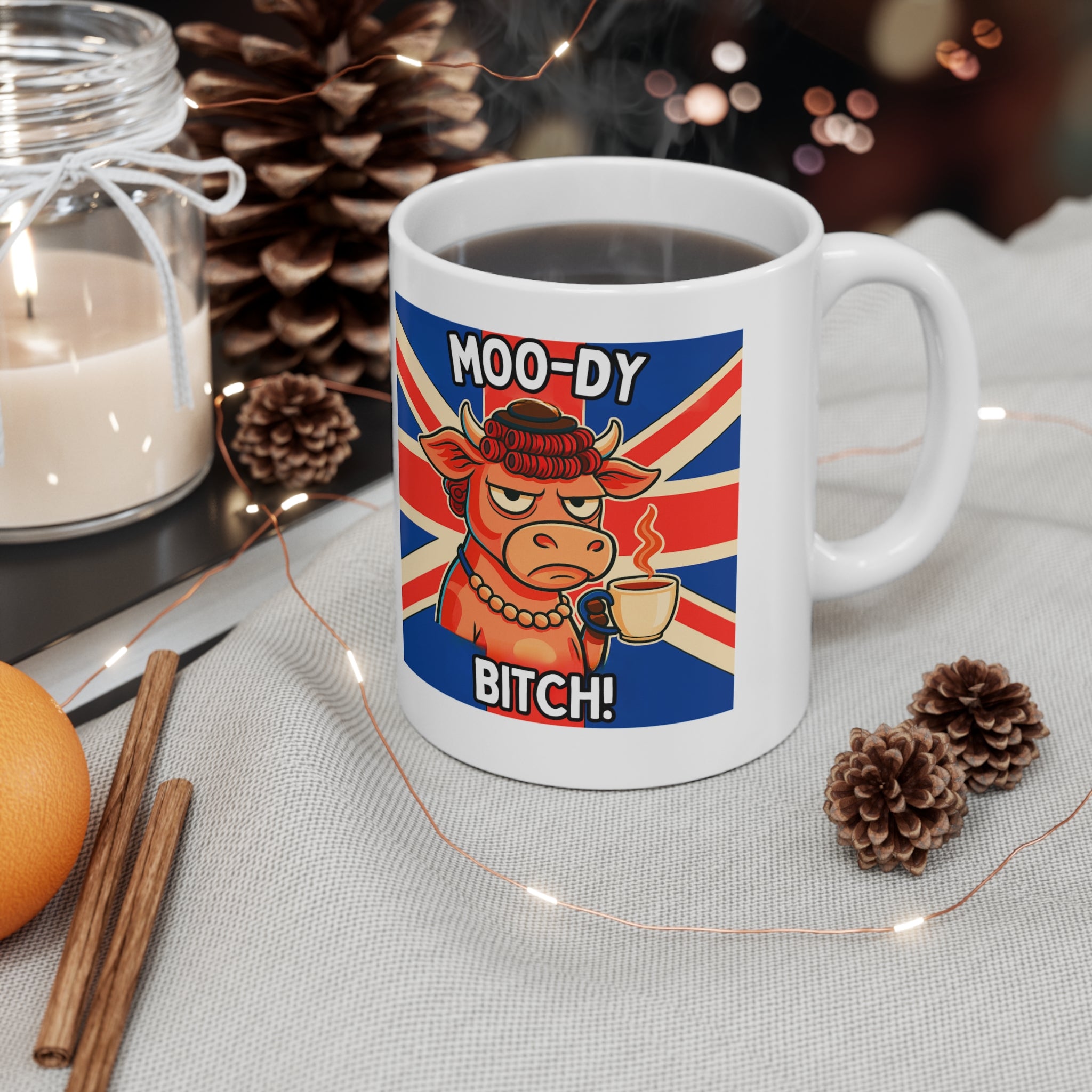 Moo-dy Bitch Funny Cow Mug | Funny British Animal Coffee Cup | Unique Sassy Gift for Her | 11oz Ceramic Moody Novelty Mug