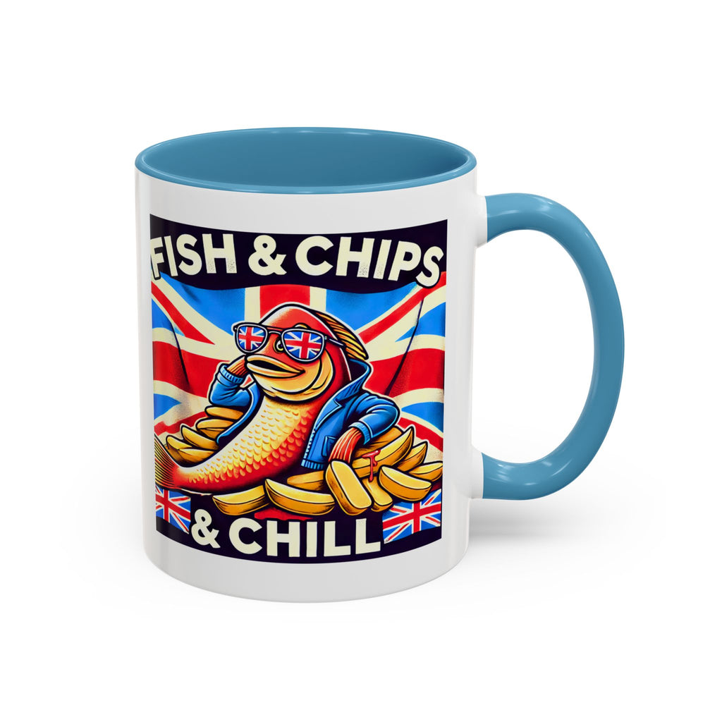 Fish & Chips n Chill Mug | Funny British Coffee Cup | Foodie Gift | Quirky UK Tea Mug | Accent Coffee Cup for Home or Office