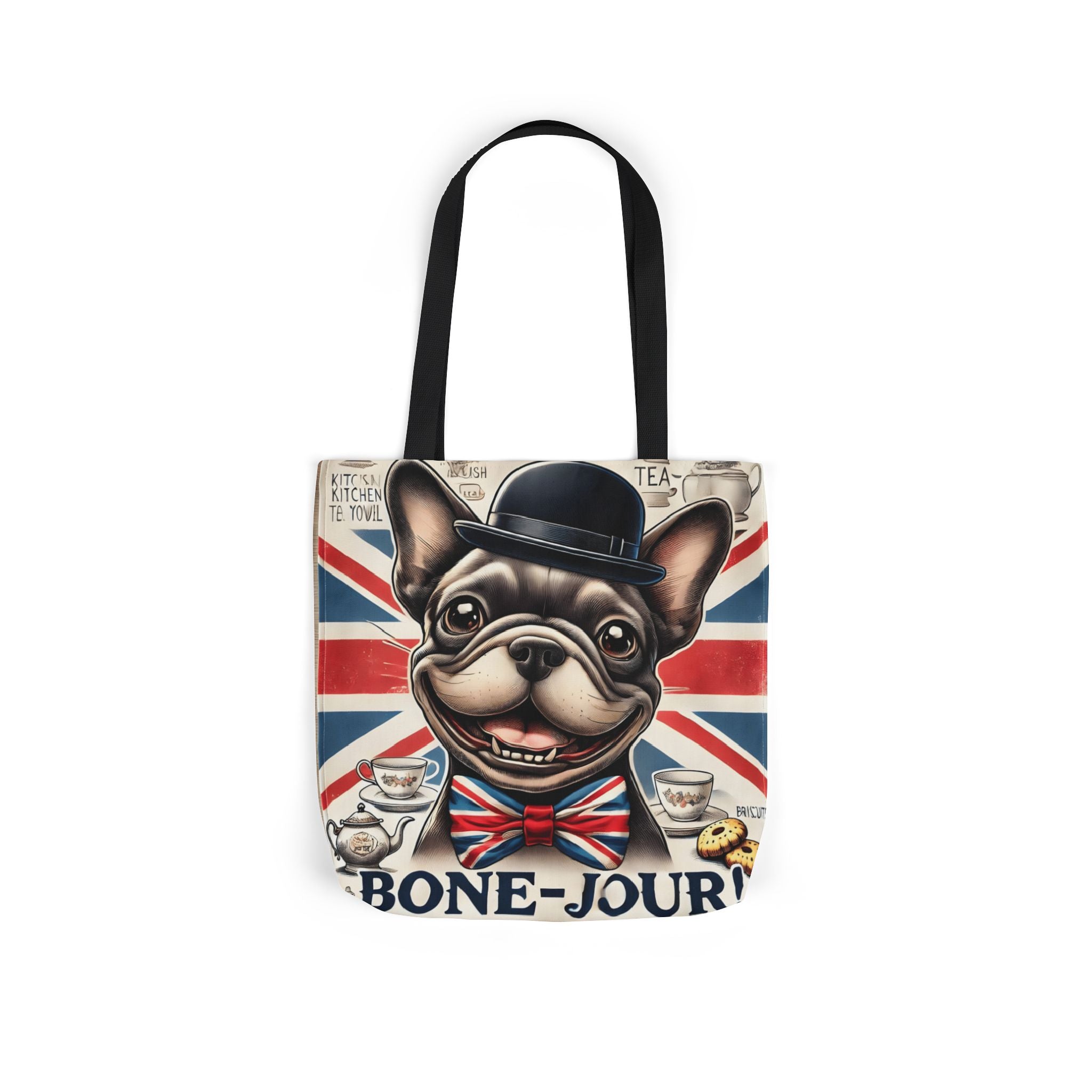 Bone-Jour Tote Bag | Union Jack Frenchie Bag | Fun Dog Mum Gift | Reusable Shopping Bag | French Bulldog Shoulder Bag, Dog Lover Gift