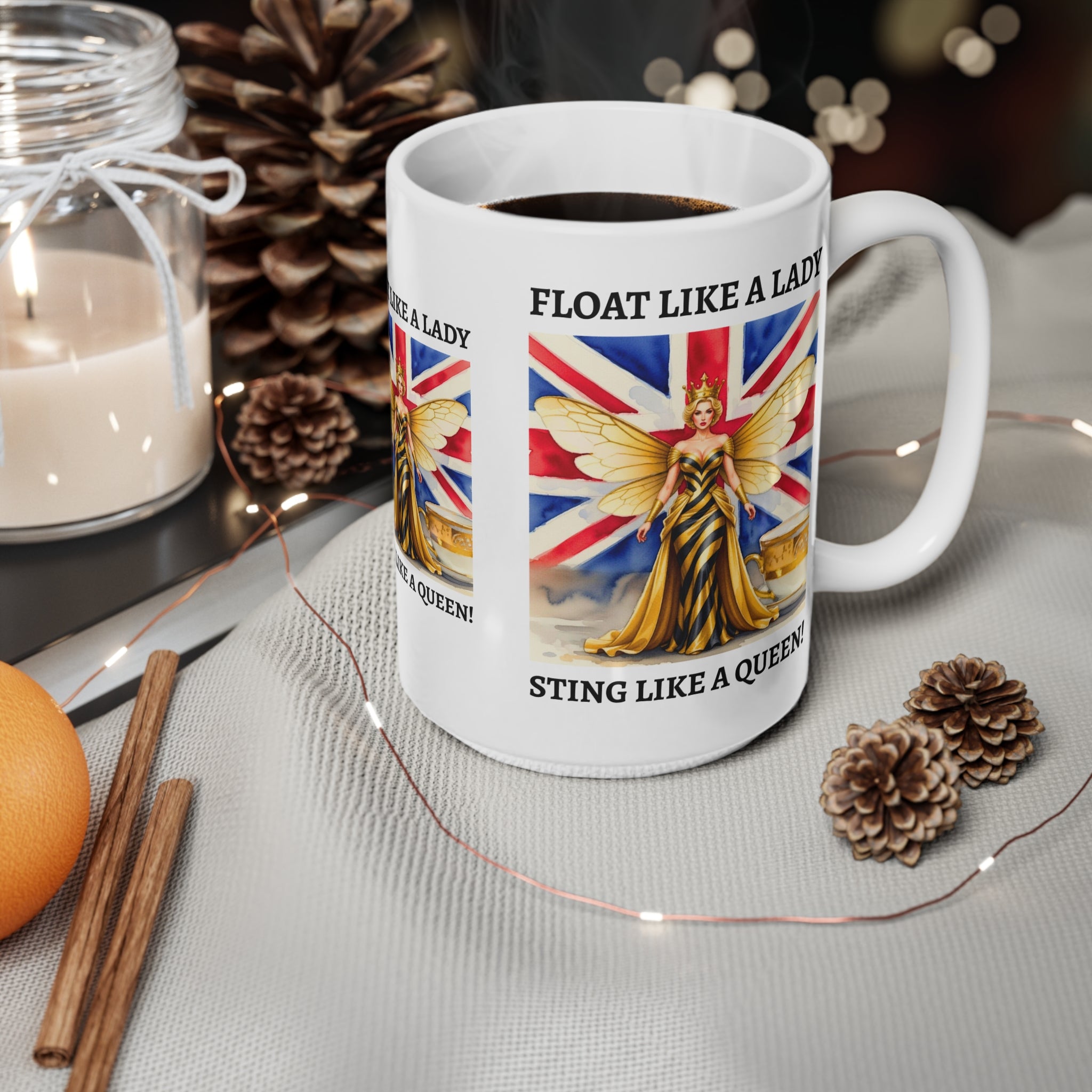 Float Like a Lady, Sting Like a Queen Mug | Union Jack Fairy Goddess Coffee Cup | International Women's Day