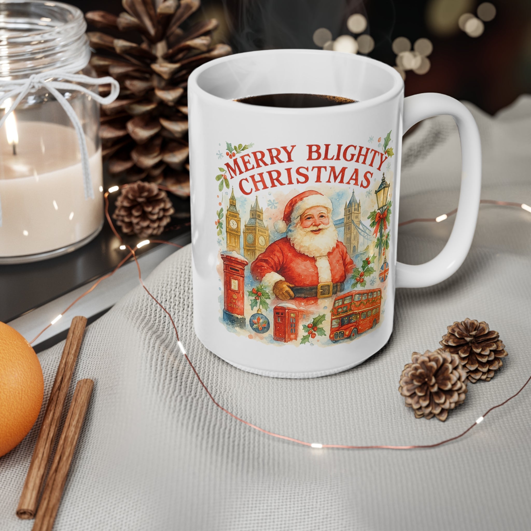 Merry Blighty Christmas Mug - Colourful Watercolour London Santa Cup | British Xmas Gift | Festive UK Holiday Mug