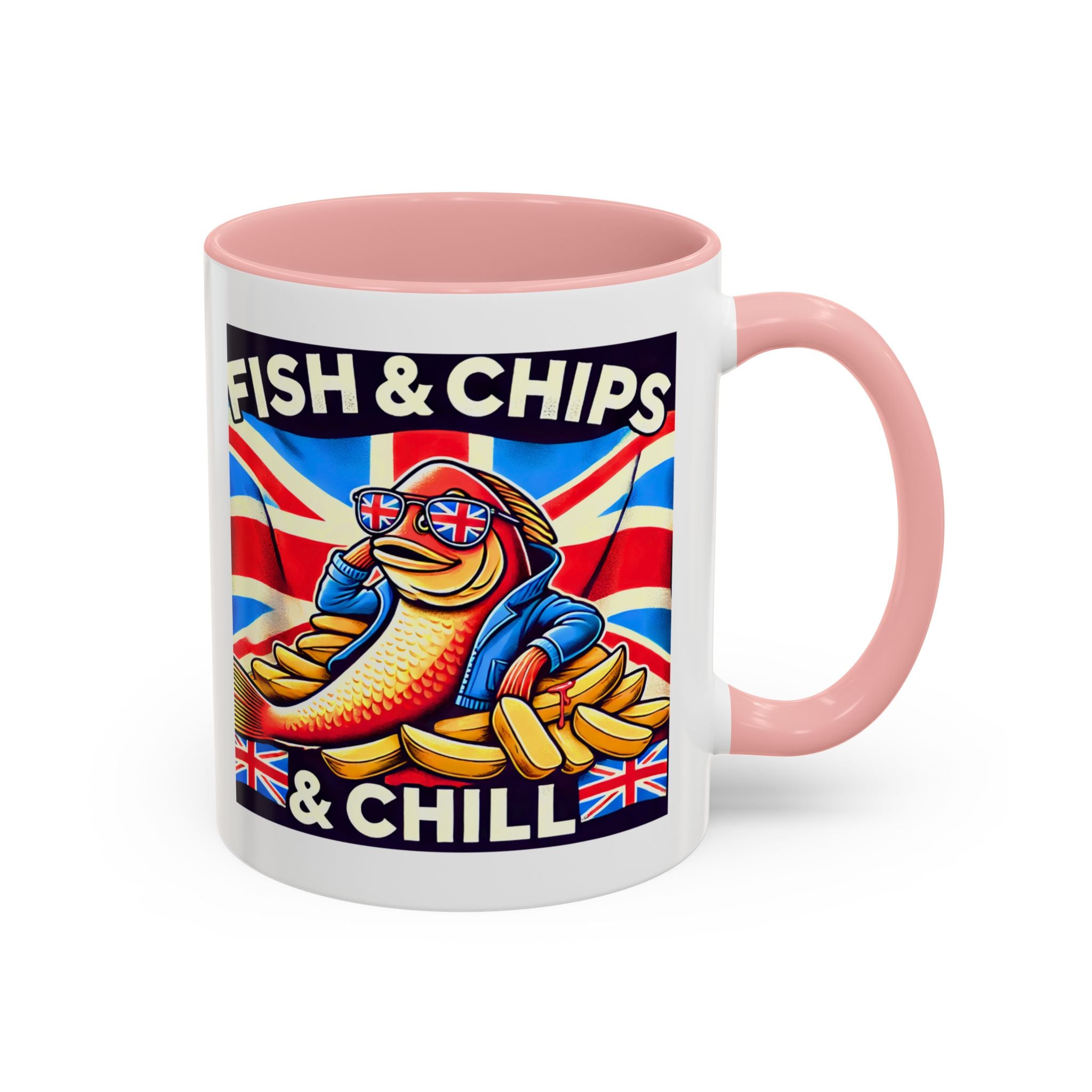 Fish & Chips n Chill Mug | Funny British Coffee Cup | Foodie Gift | Quirky UK Tea Mug | Accent Coffee Cup for Home or Office