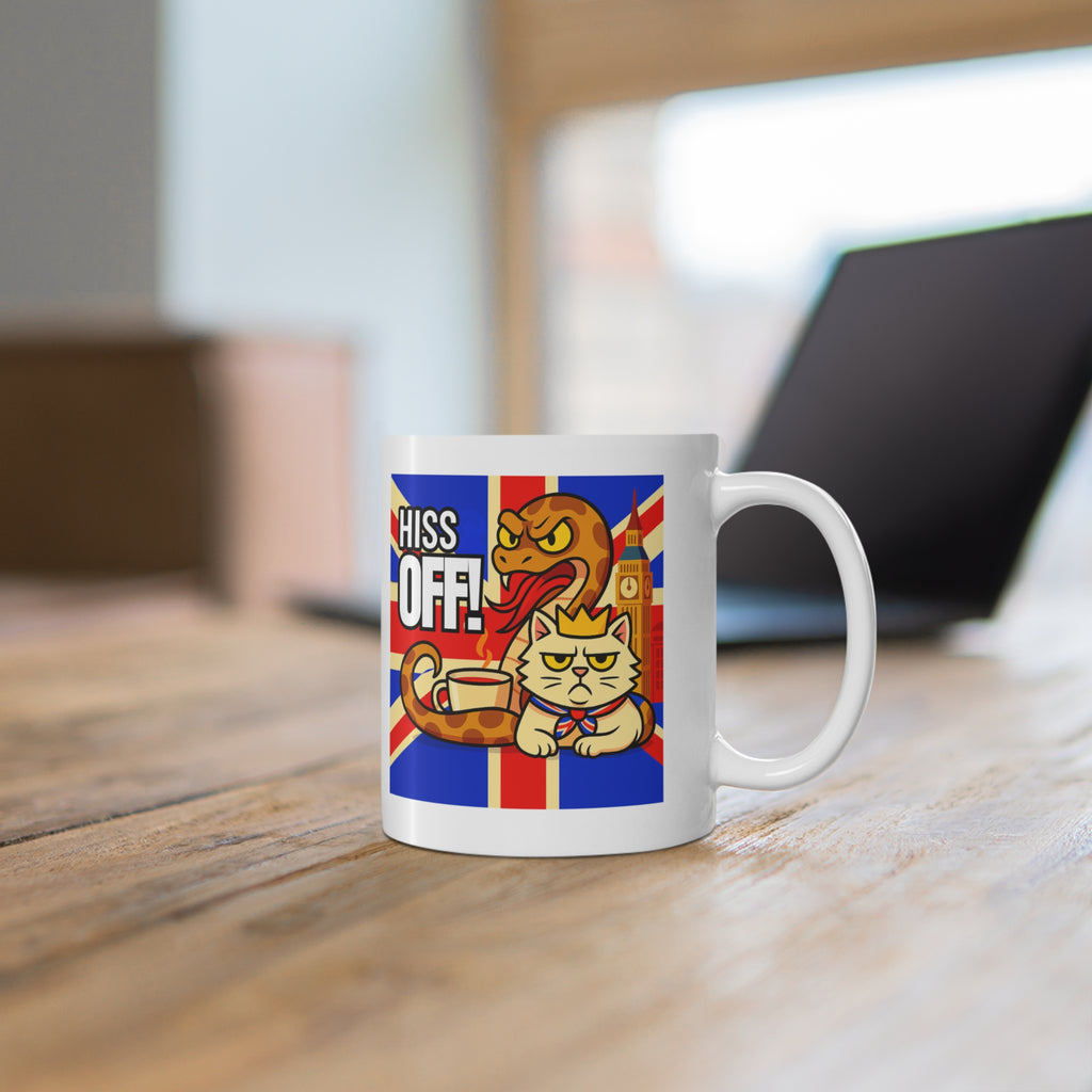 HISS OFF 11oz Mug | Funny British Snake Cat Cartoon | Union Jack Sassy Animal Gift | Snarky UK Humor Coffee Cup | Tea Lover Present