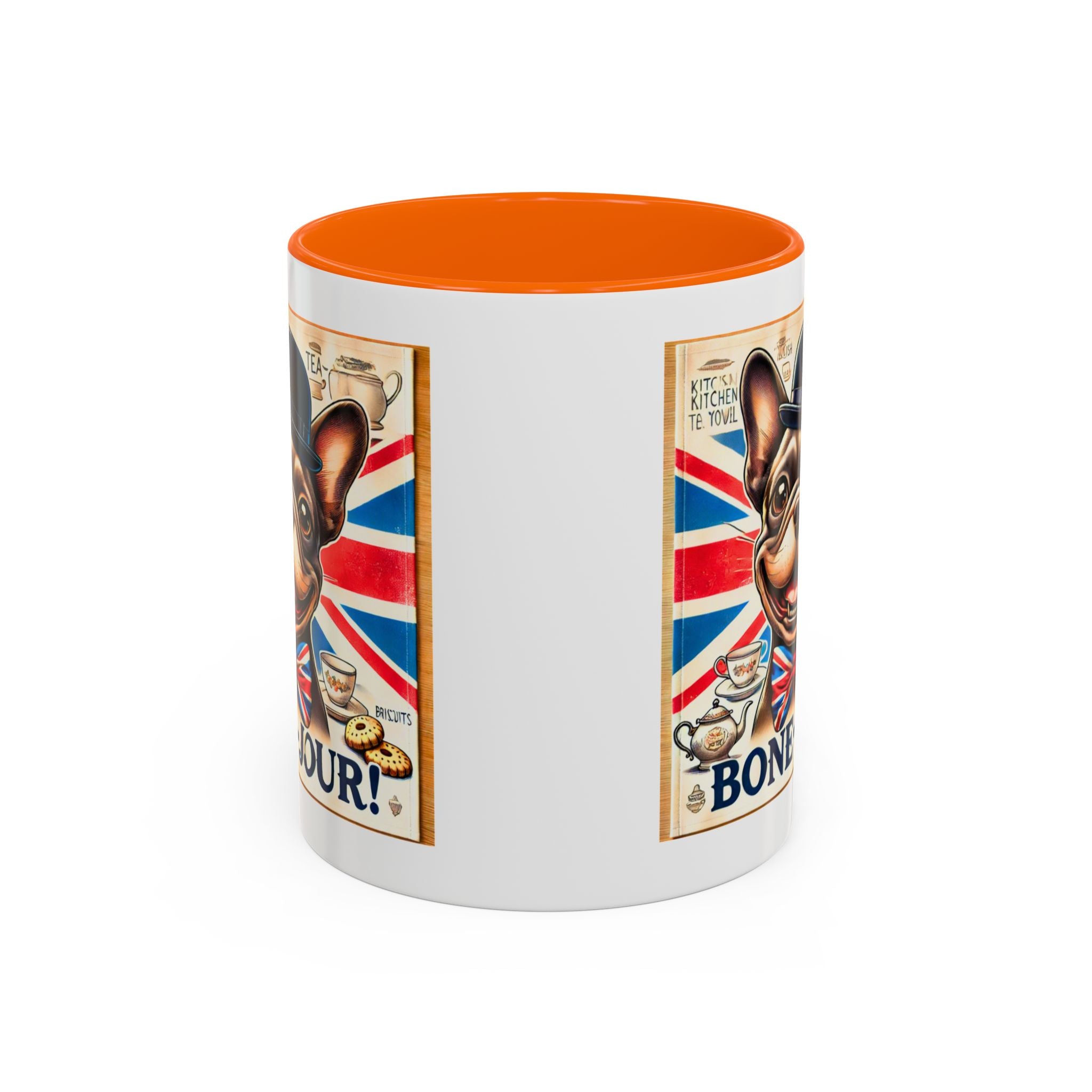 Bone-Jour Frenchie Mug | Funny Dog Lover Accent Coffee Cup | Cute French Bulldog Gift | Whimsical Patriotic Tea Mug | British Kitchen Decor